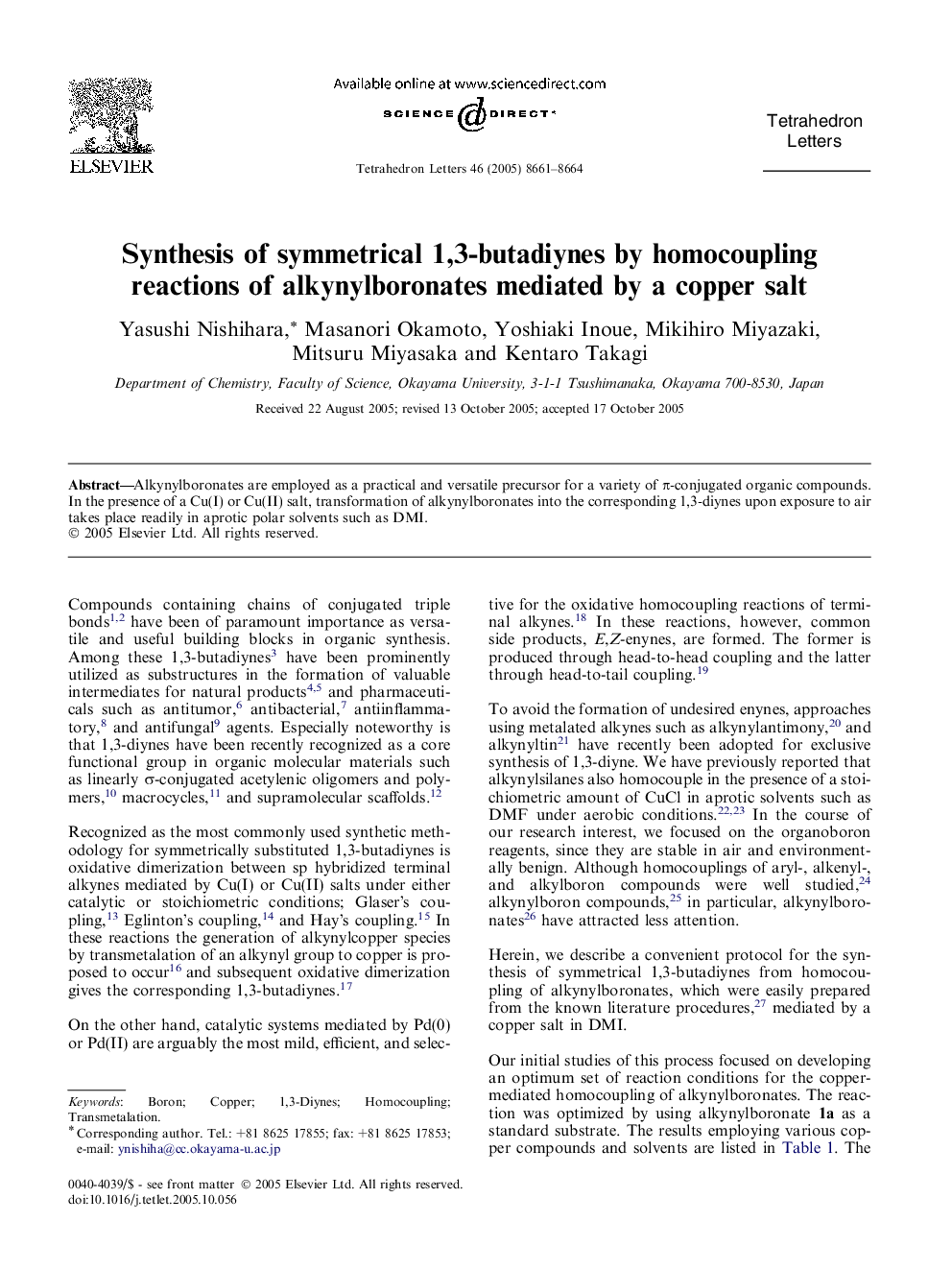 Synthesis of symmetrical 1,3-butadiynes by homocoupling reactions of alkynylboronates mediated by a copper salt