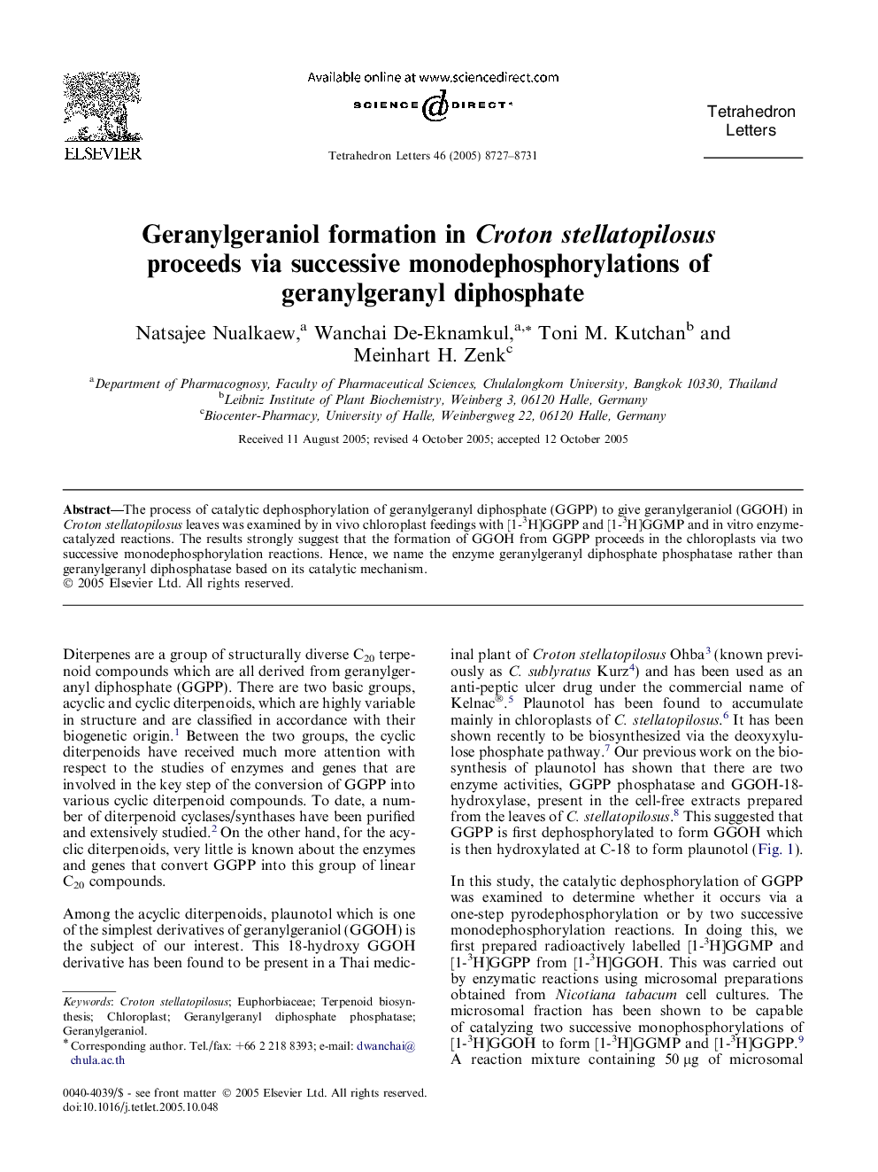 Geranylgeraniol formation in Croton stellatopilosus proceeds via successive monodephosphorylations of geranylgeranyl diphosphate