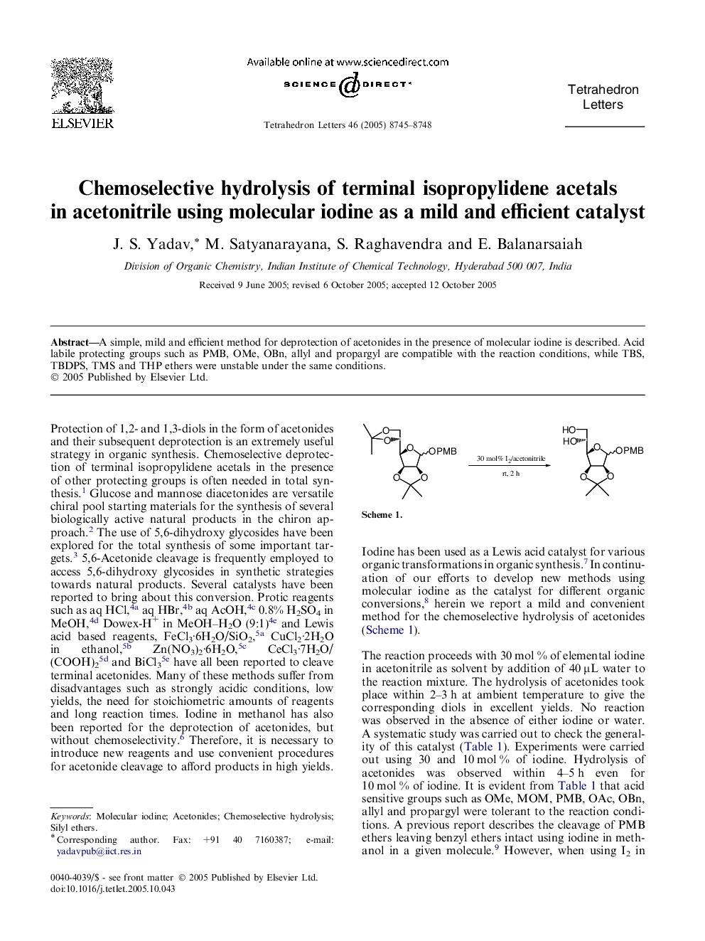 Chemoselective hydrolysis of terminal isopropylidene acetals in acetonitrile using molecular iodine as a mild and efficient catalyst