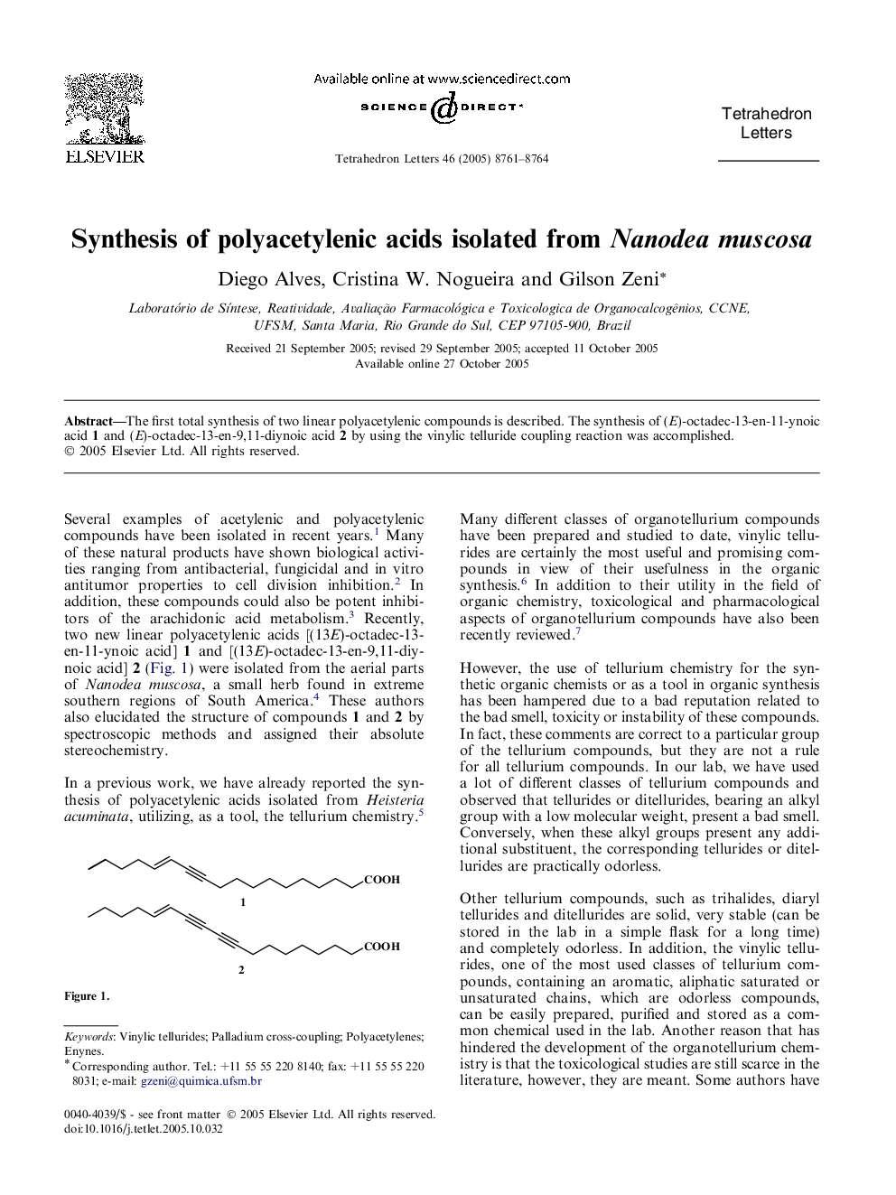 Synthesis of polyacetylenic acids isolated from Nanodea muscosa