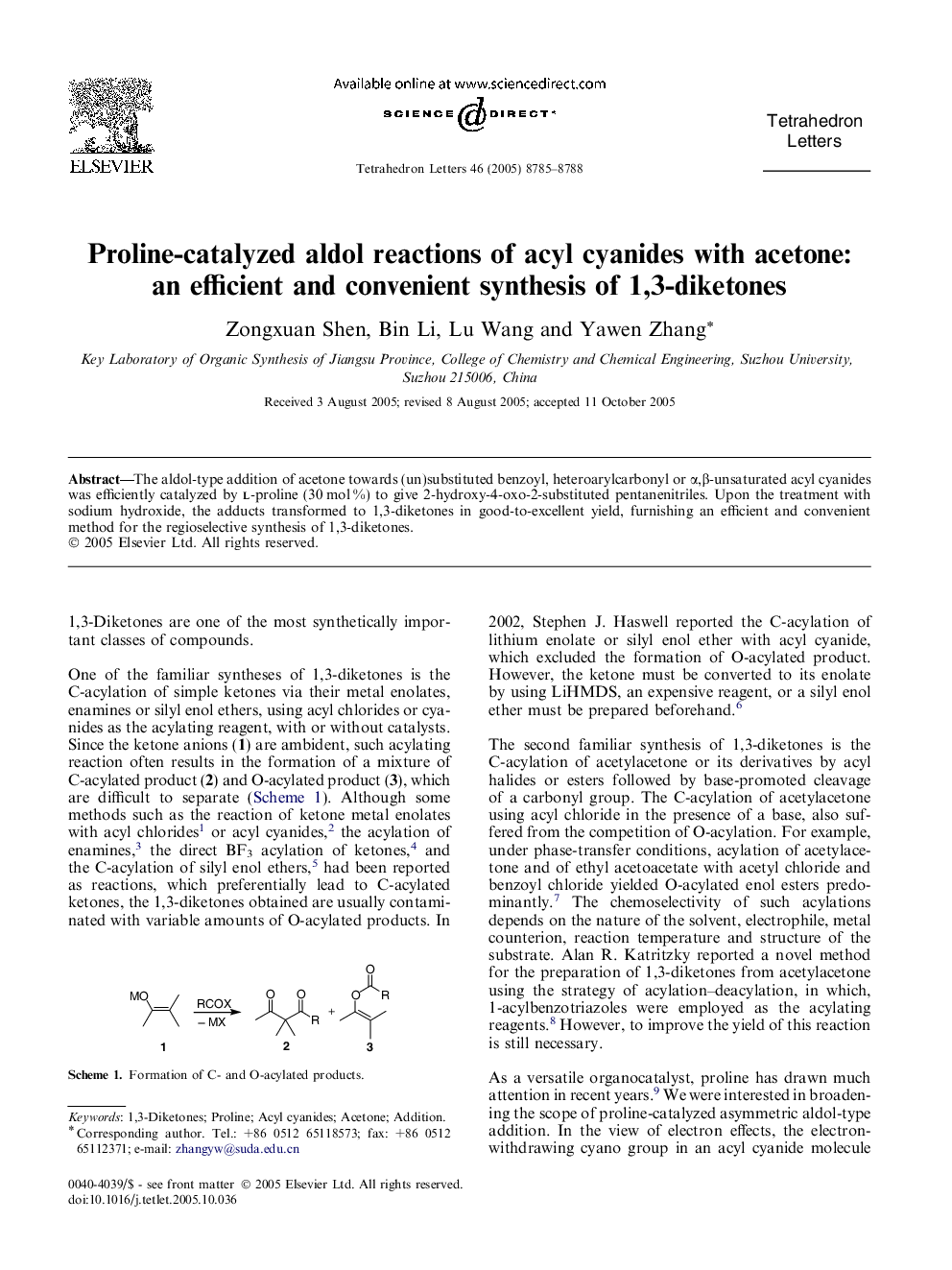 Proline-catalyzed aldol reactions of acyl cyanides with acetone: an efficient and convenient synthesis of 1,3-diketones