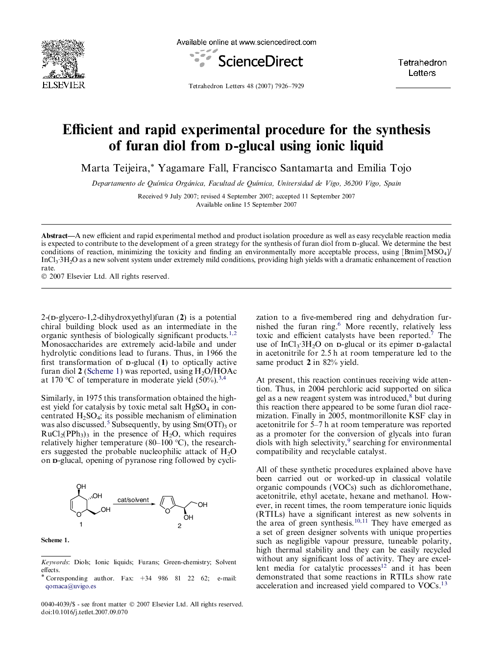 Efficient and rapid experimental procedure for the synthesis of furan diol from d-glucal using ionic liquid