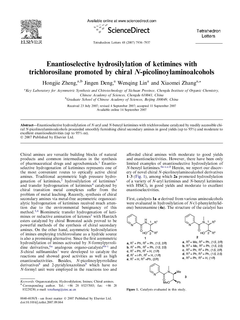 Enantioselective hydrosilylation of ketimines with trichlorosilane promoted by chiral N-picolinoylaminoalcohols
