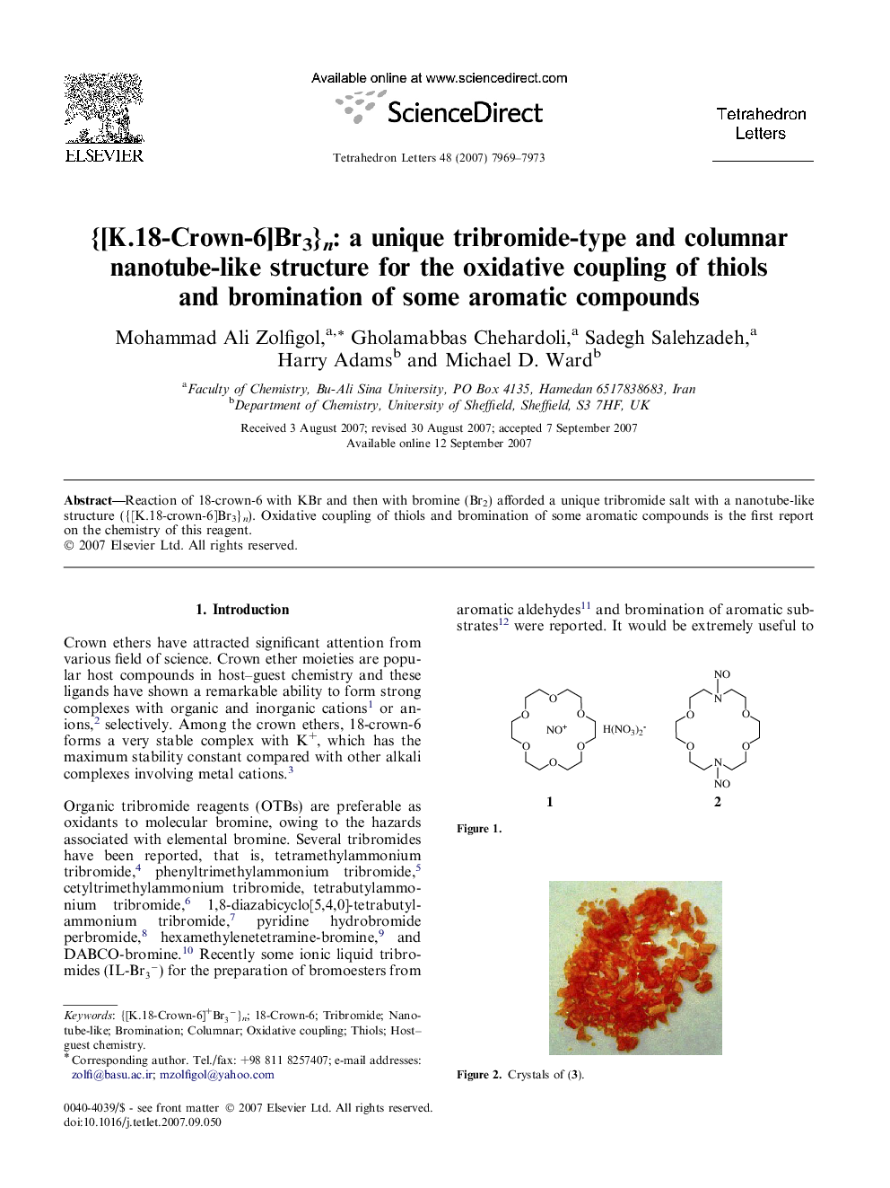 {[K.18-Crown-6]Br3}n: a unique tribromide-type and columnar nanotube-like structure for the oxidative coupling of thiols and bromination of some aromatic compounds