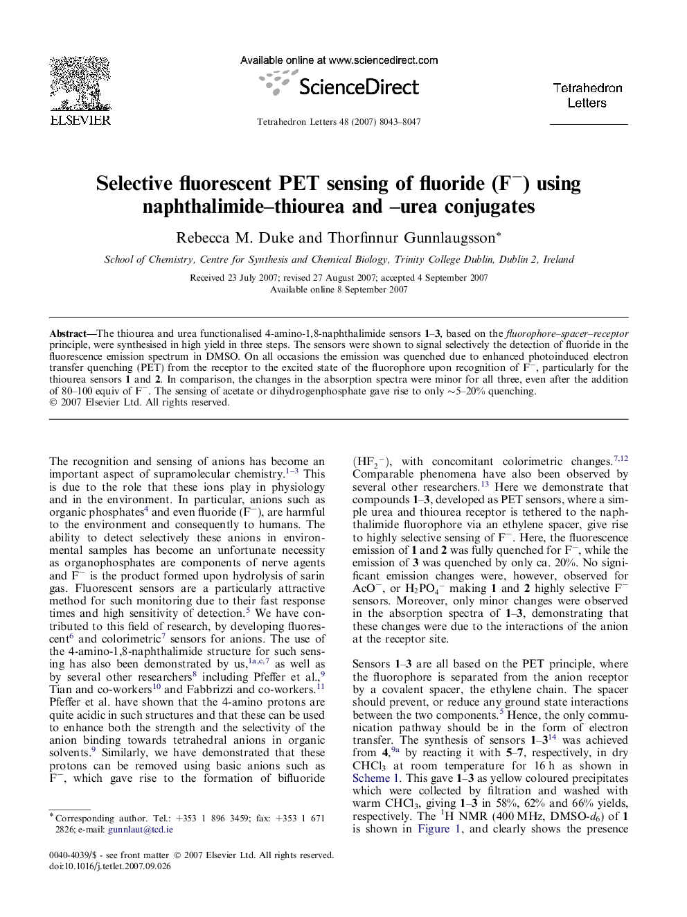 Selective fluorescent PET sensing of fluoride (Fâ) using naphthalimide-thiourea and -urea conjugates