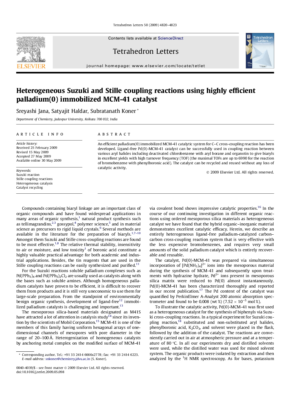 Heterogeneous Suzuki and Stille coupling reactions using highly efficient palladium(0) immobilized MCM-41 catalyst