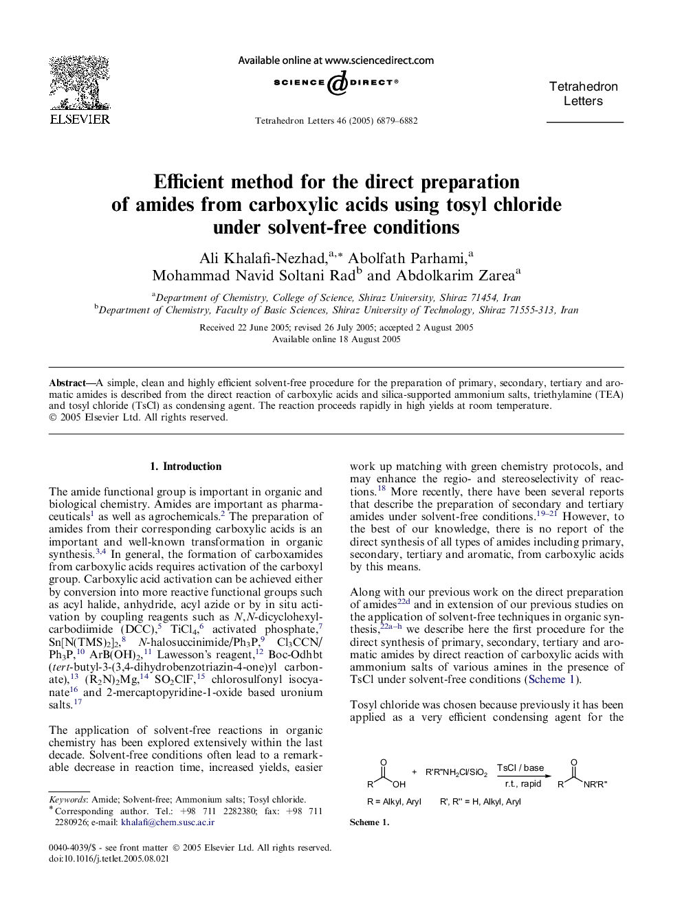 Efficient method for the direct preparation of amides from carboxylic acids using tosyl chloride under solvent-free conditions