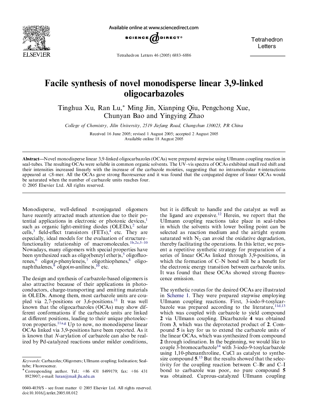 Facile synthesis of novel monodisperse linear 3,9-linked oligocarbazoles