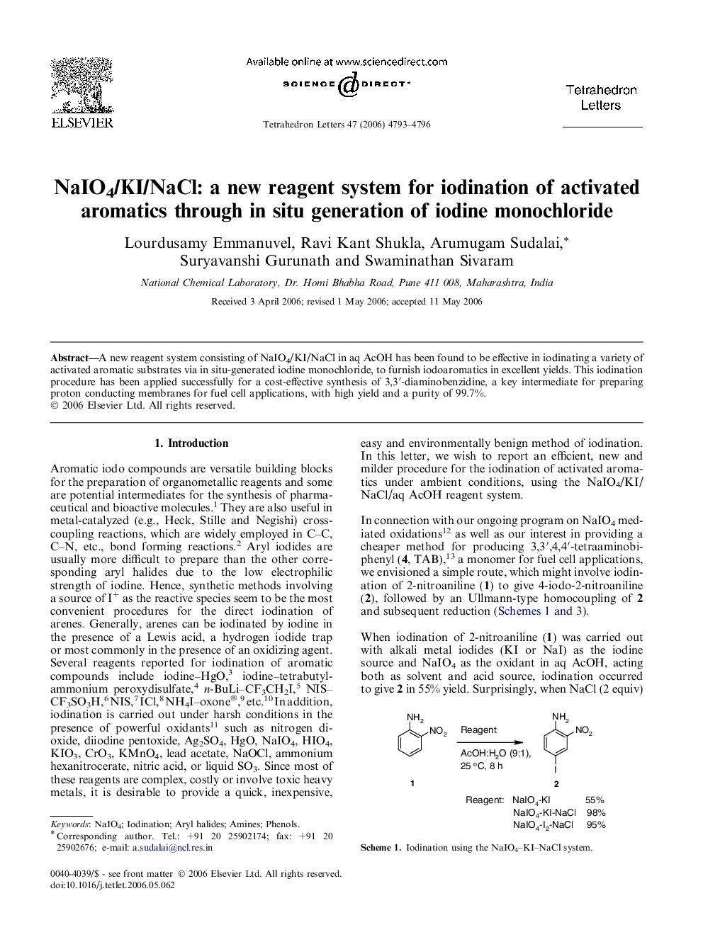 NaIO4/KI/NaCl: a new reagent system for iodination of activated aromatics through in situ generation of iodine monochloride