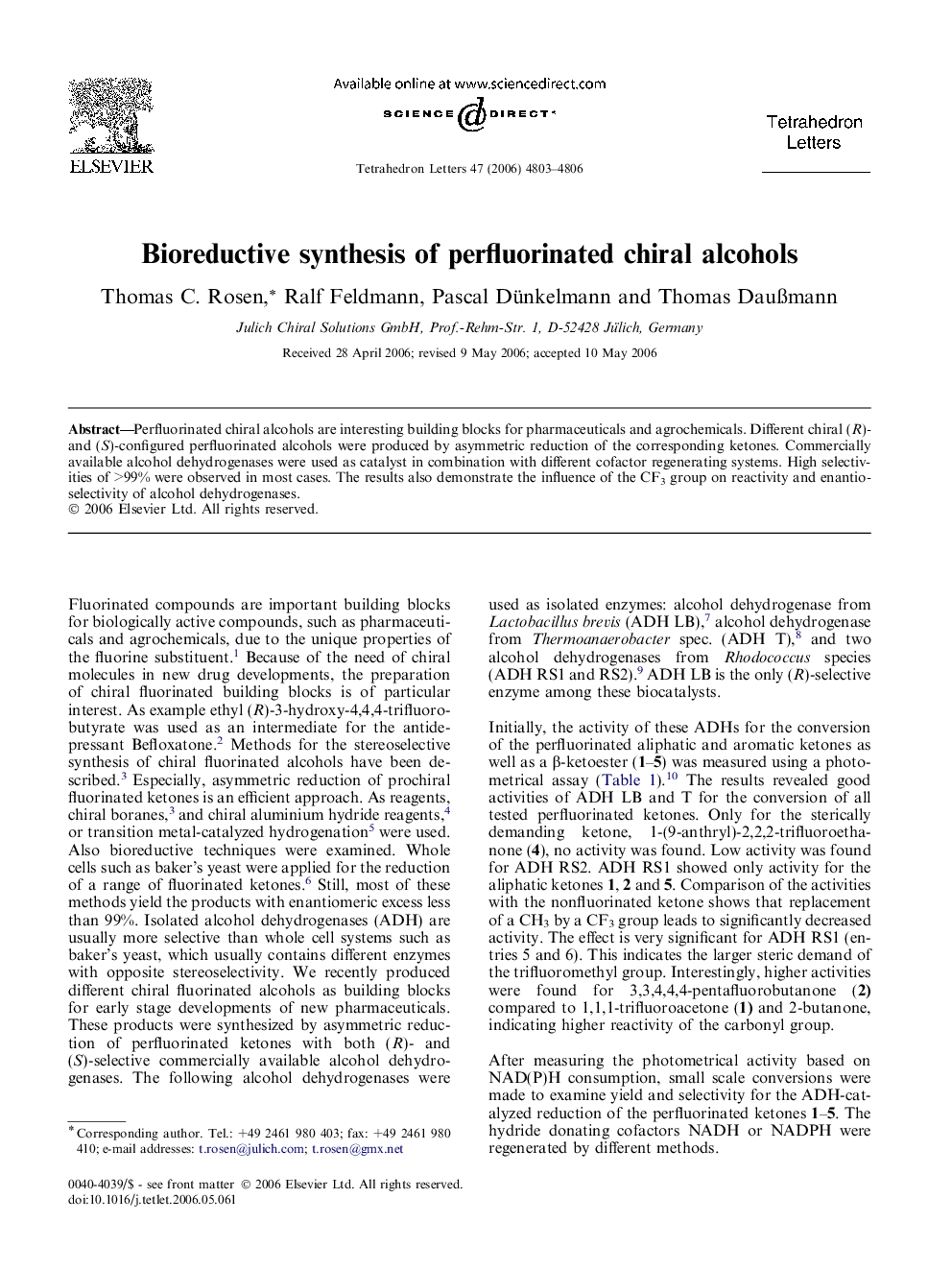 عکس صفحه اول مقاله: Bioreductive synthesis of perfluorinated chiral alcohols Bioreductive synthesis of perfluorinated chiral alcohols