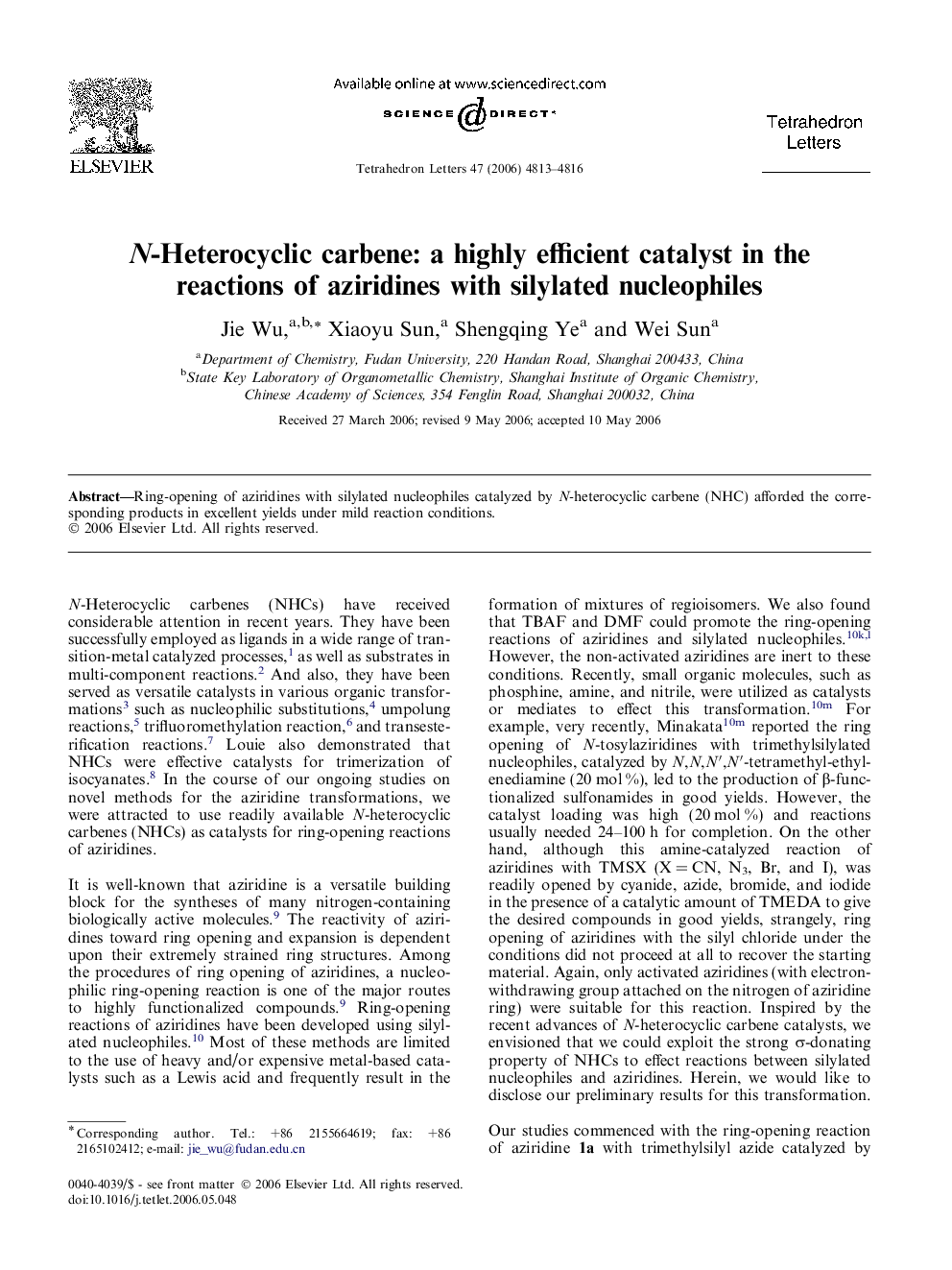 عکس صفحه اول مقاله: N-Heterocyclic carbene: a highly efficient catalyst in the reactions of aziridines with silylated nucleophiles N-Heterocyclic carbene: a highly efficient catalyst in the reactions of aziridines with silylated nucleophiles