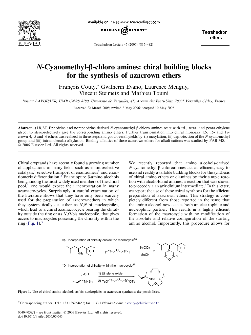 عکس صفحه اول مقاله: N-Cyanomethyl-β-chloro amines: chiral building blocks for the synthesis of azacrown ethers N-Cyanomethyl-β-chloro amines: chiral building blocks for the synthesis of azacrown ethers