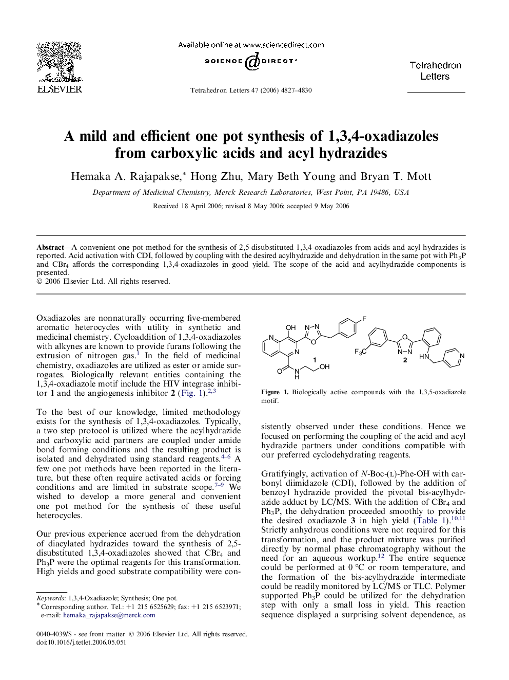 A mild and efficient one pot synthesis of 1,3,4-oxadiazoles from carboxylic acids and acyl hydrazides