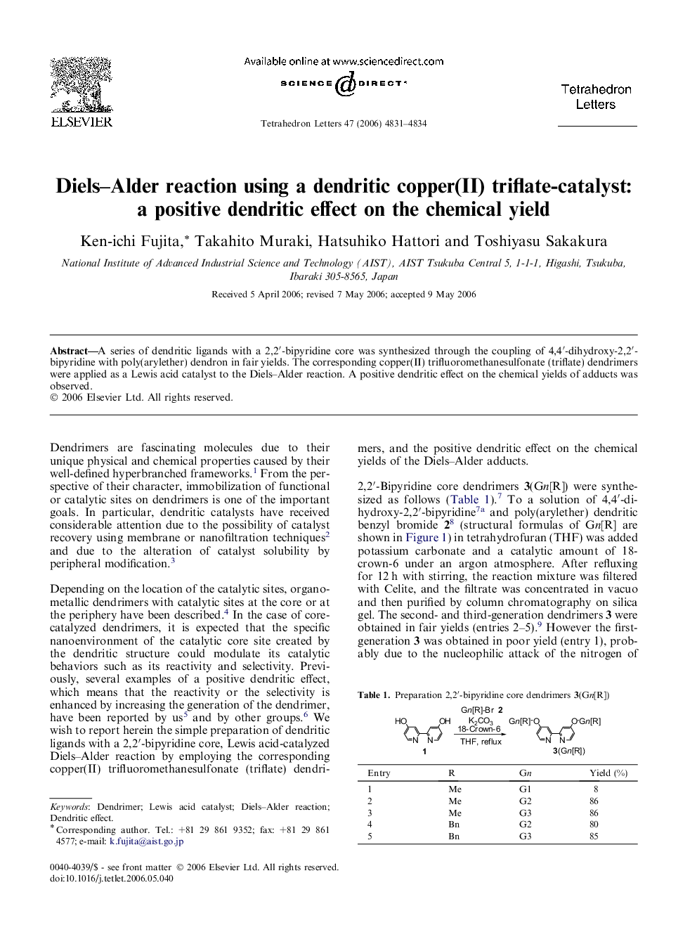 Diels-Alder reaction using a dendritic copper(II) triflate-catalyst: a positive dendritic effect on the chemical yield