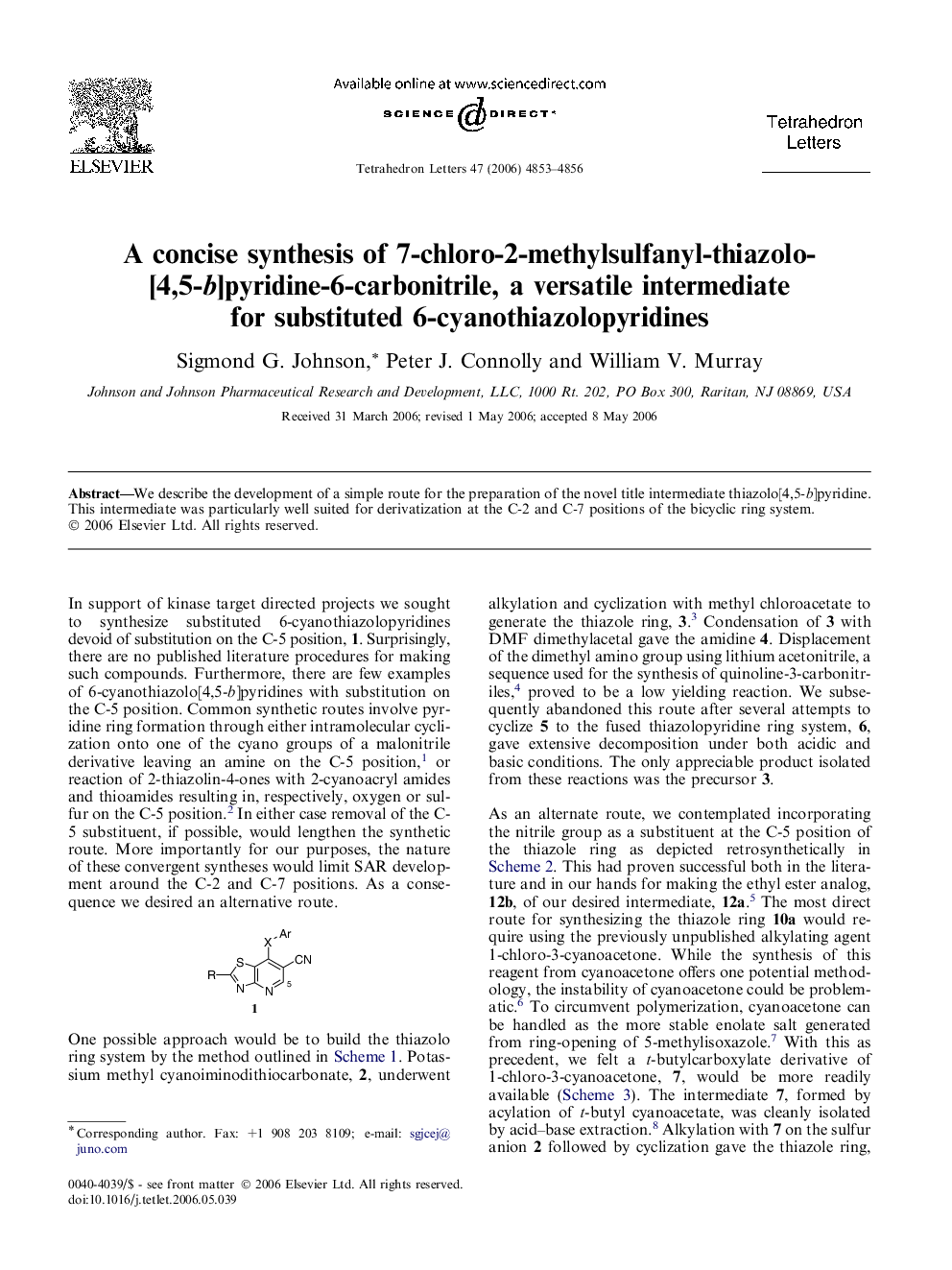 A concise synthesis of 7-chloro-2-methylsulfanyl-thiazolo[4,5-b]pyridine-6-carbonitrile, a versatile intermediate for substituted 6-cyanothiazolopyridines