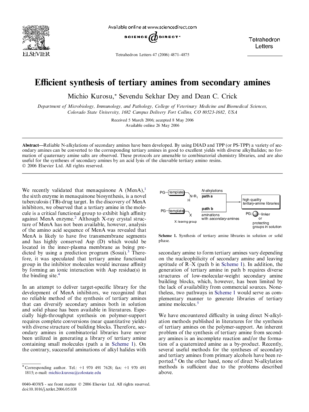 عکس صفحه اول مقاله: Efficient synthesis of tertiary amines from secondary amines Efficient synthesis of tertiary amines from secondary amines