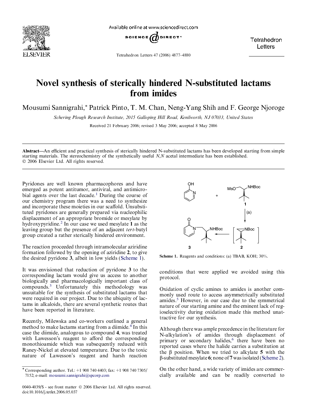 عکس صفحه اول مقاله: Novel synthesis of sterically hindered N-substituted lactams from imides Novel synthesis of sterically hindered N-substituted lactams from imides