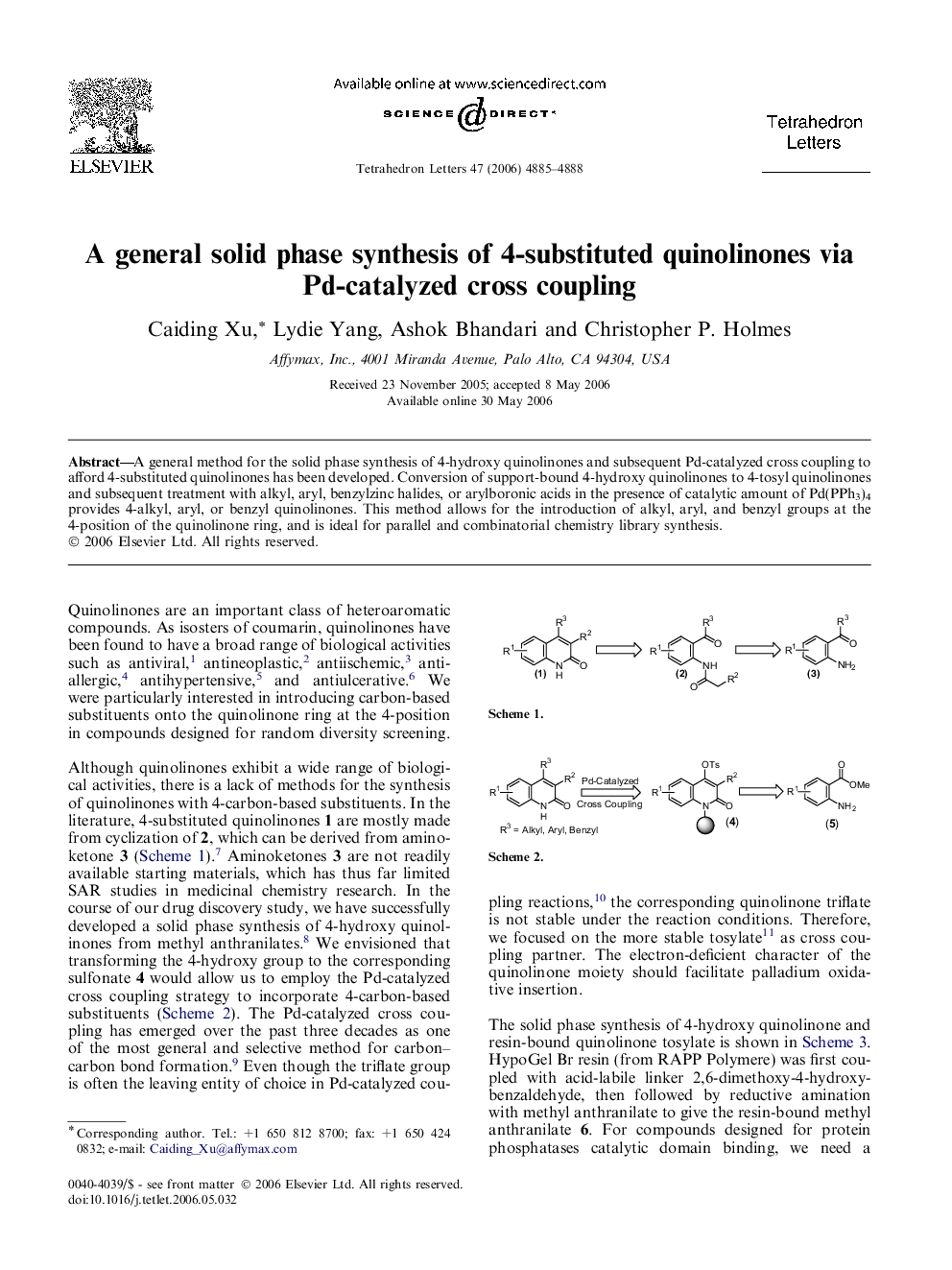 عکس صفحه اول مقاله: A general solid phase synthesis of 4-substituted quinolinones via Pd-catalyzed cross coupling A general solid phase synthesis of 4-substituted quinolinones via Pd-catalyzed cross coupling