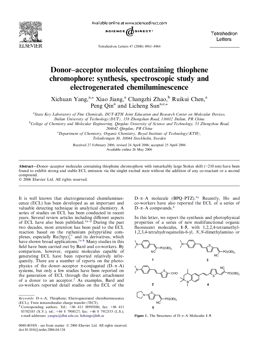 عکس صفحه اول مقاله: Donor–acceptor molecules containing thiophene chromophore: synthesis, spectroscopic study and electrogenerated chemiluminescence Donor–acceptor molecules containing thiophene chromophore: synthesis, spectroscopic study and electrogenerated chemiluminescence