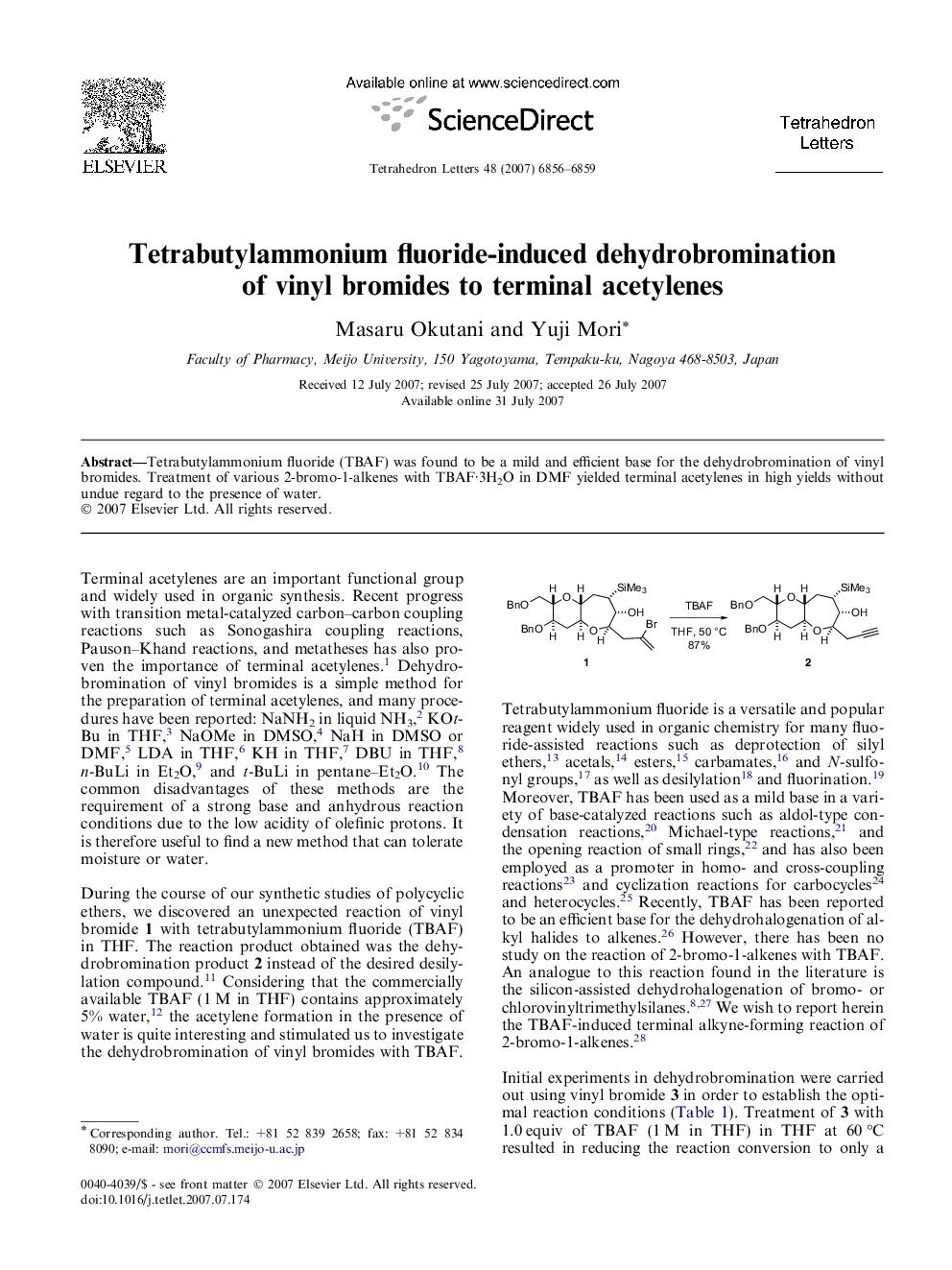 Tetrabutylammonium fluoride-induced dehydrobromination of vinyl bromides to terminal acetylenes