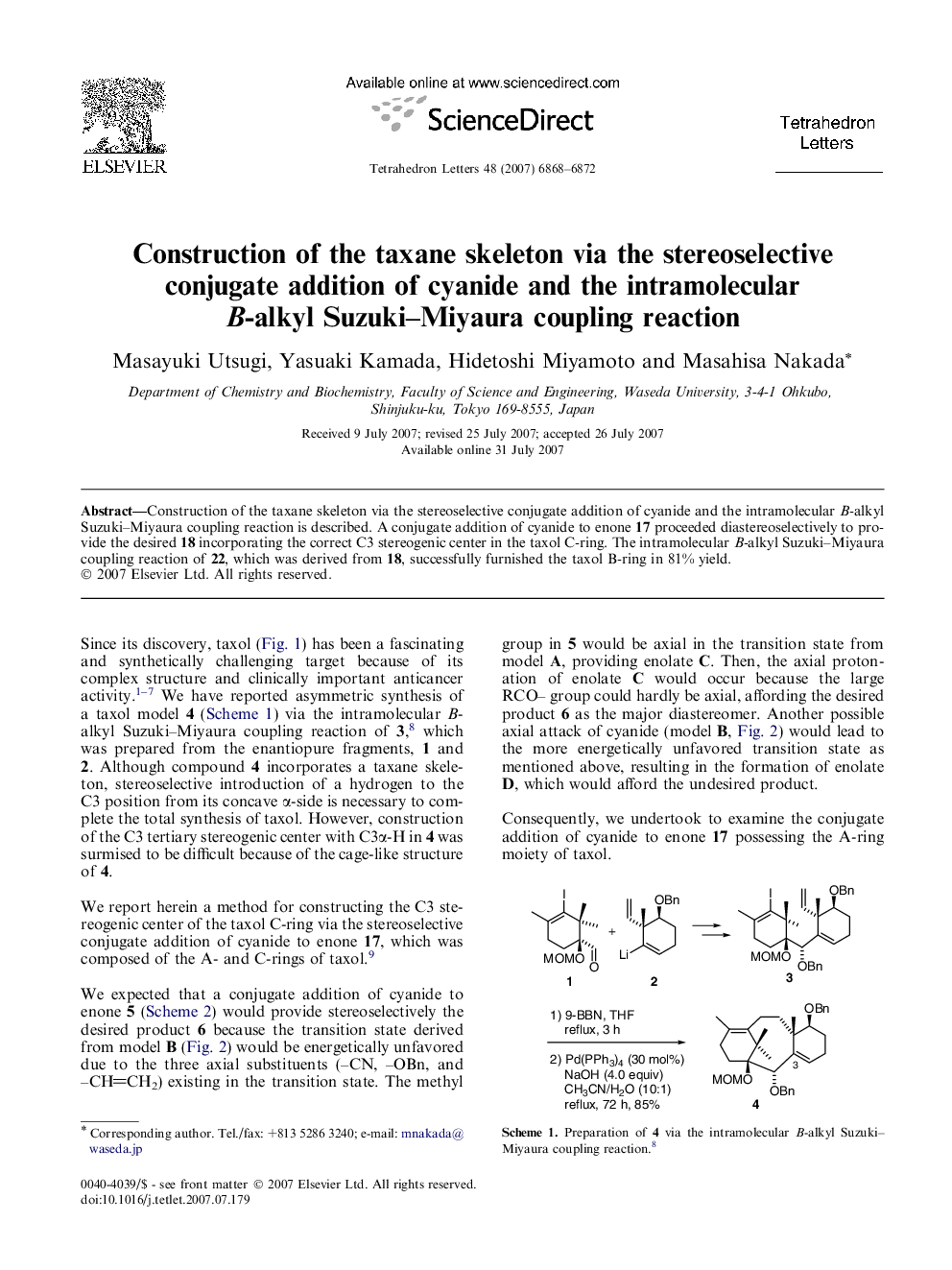 Construction of the taxane skeleton via the stereoselective conjugate addition of cyanide and the intramolecular B-alkyl Suzuki-Miyaura coupling reaction