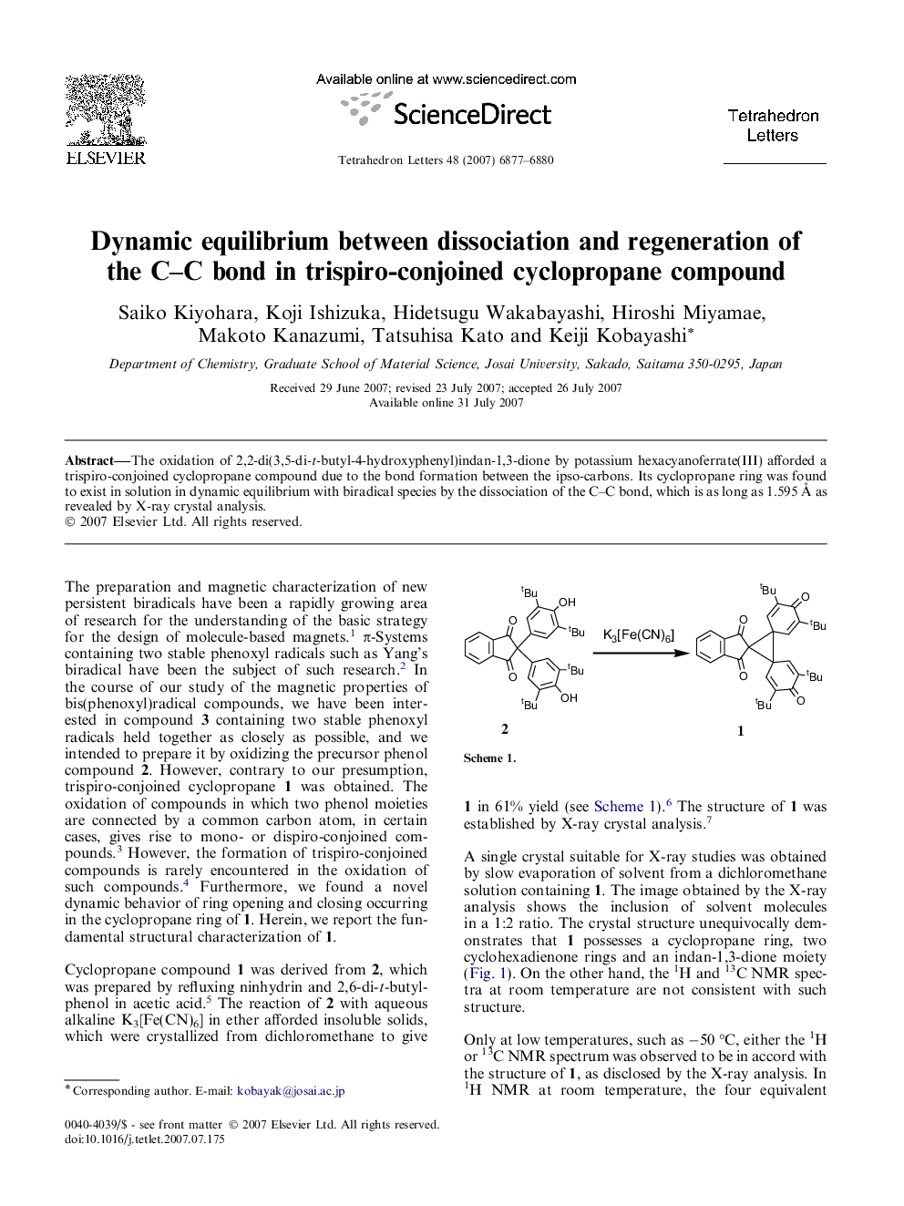 Dynamic equilibrium between dissociation and regeneration of the C-C bond in trispiro-conjoined cyclopropane compound