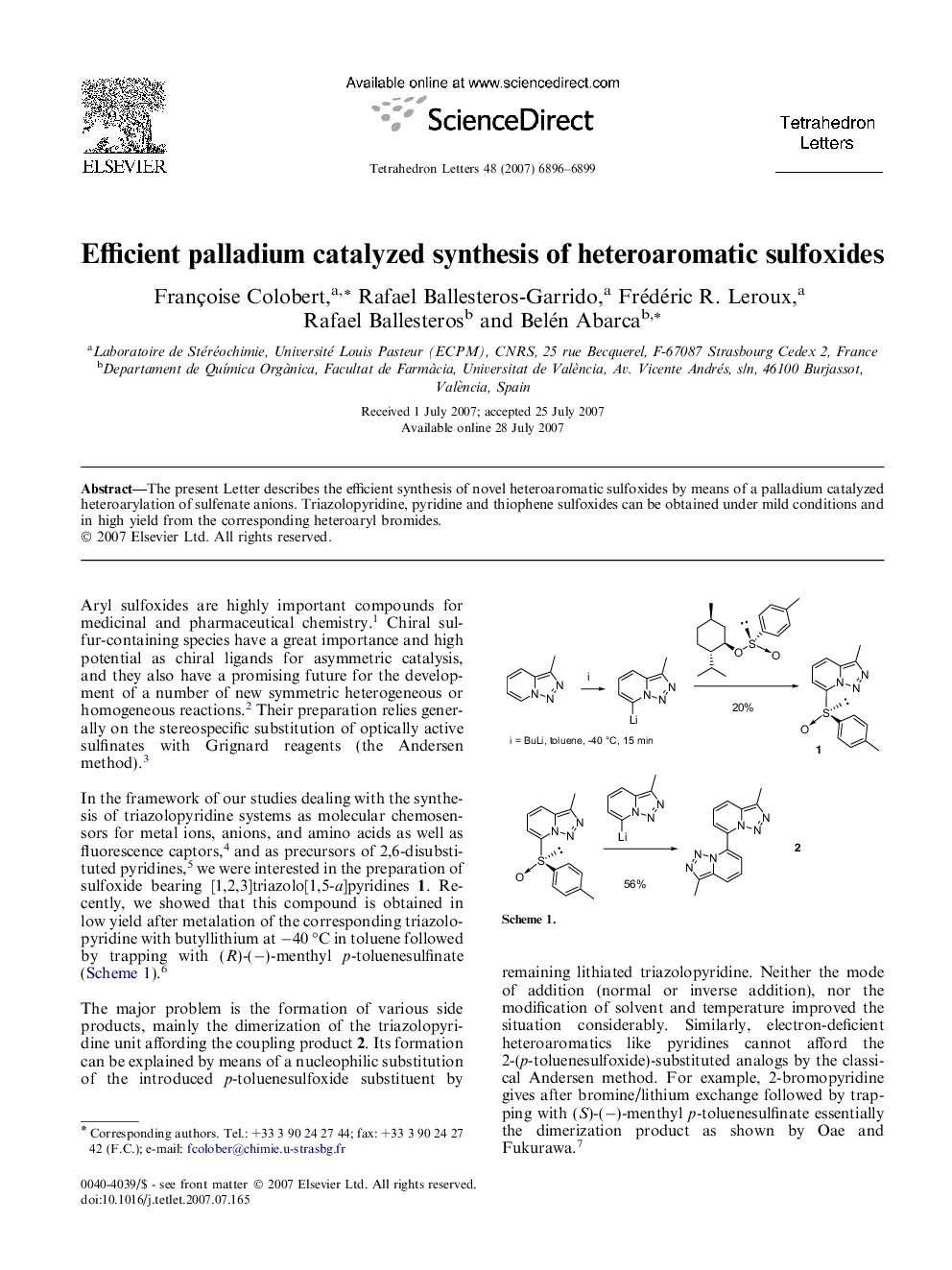 Efficient palladium catalyzed synthesis of heteroaromatic sulfoxides