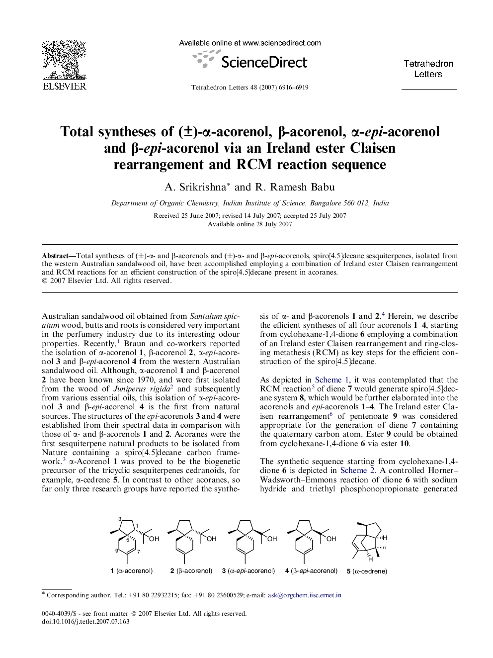 Total syntheses of (Â±)-Î±-acorenol, Î²-acorenol, Î±-epi-acorenol and Î²-epi-acorenol via an Ireland ester Claisen rearrangement and RCM reaction sequence