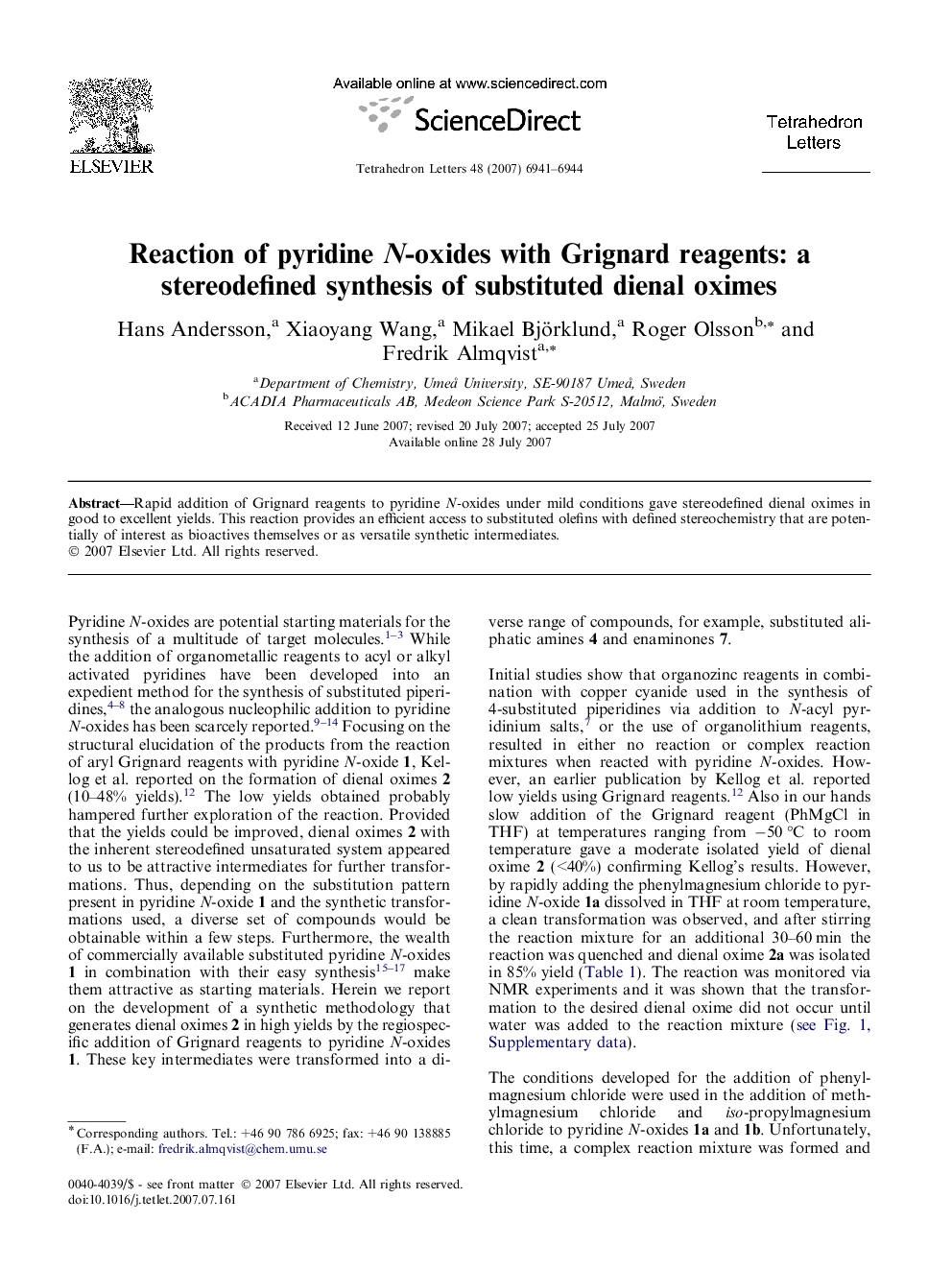 Reaction of pyridine N-oxides with Grignard reagents: a stereodefined synthesis of substituted dienal oximes