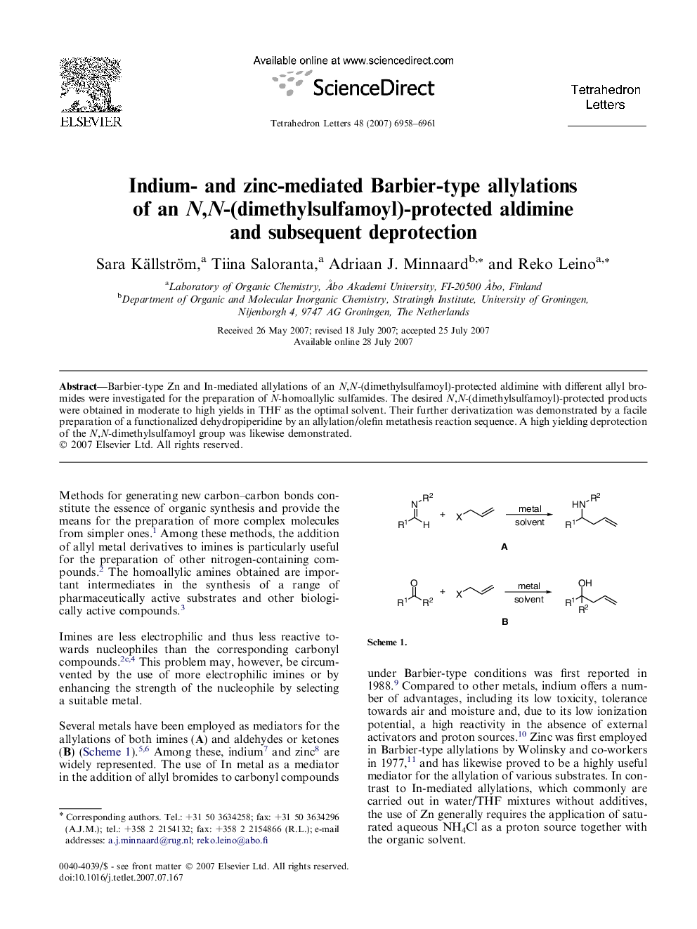 Indium- and zinc-mediated Barbier-type allylations of an N,N-(dimethylsulfamoyl)-protected aldimine and subsequent deprotection