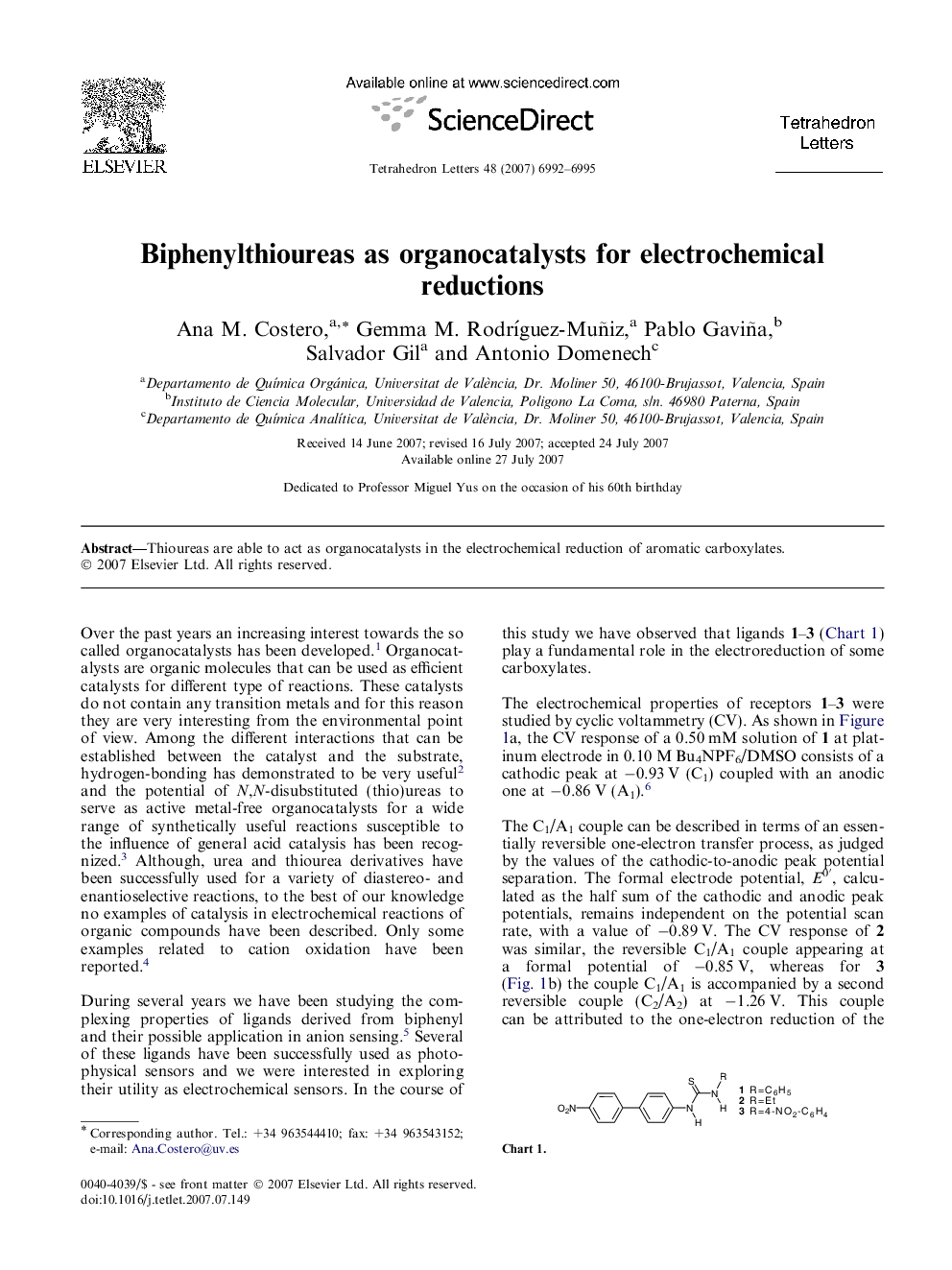 Biphenylthioureas as organocatalysts for electrochemical reductions