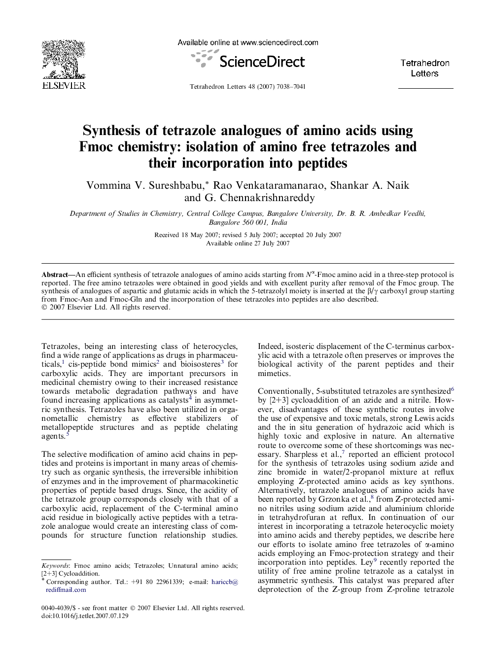 Synthesis of tetrazole analogues of amino acids using Fmoc chemistry: isolation of amino free tetrazoles and their incorporation into peptides