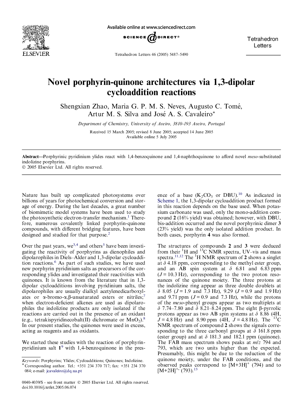 Novel porphyrin-quinone architectures via 1,3-dipolar cycloaddition reactions