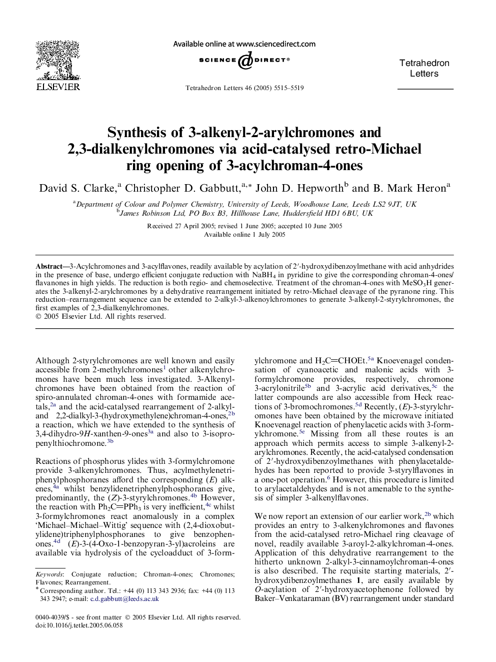 Synthesis of 3-alkenyl-2-arylchromones and 2,3-dialkenylchromones via acid-catalysed retro-Michael ring opening of 3-acylchroman-4-ones