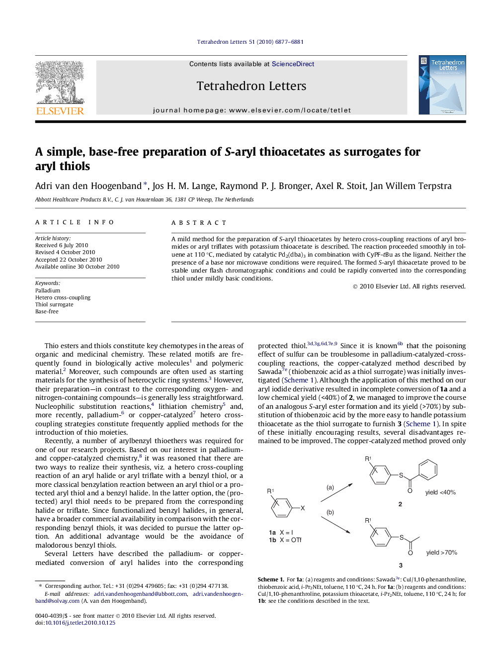 A simple, base-free preparation of S-aryl thioacetates as surrogates for aryl thiols