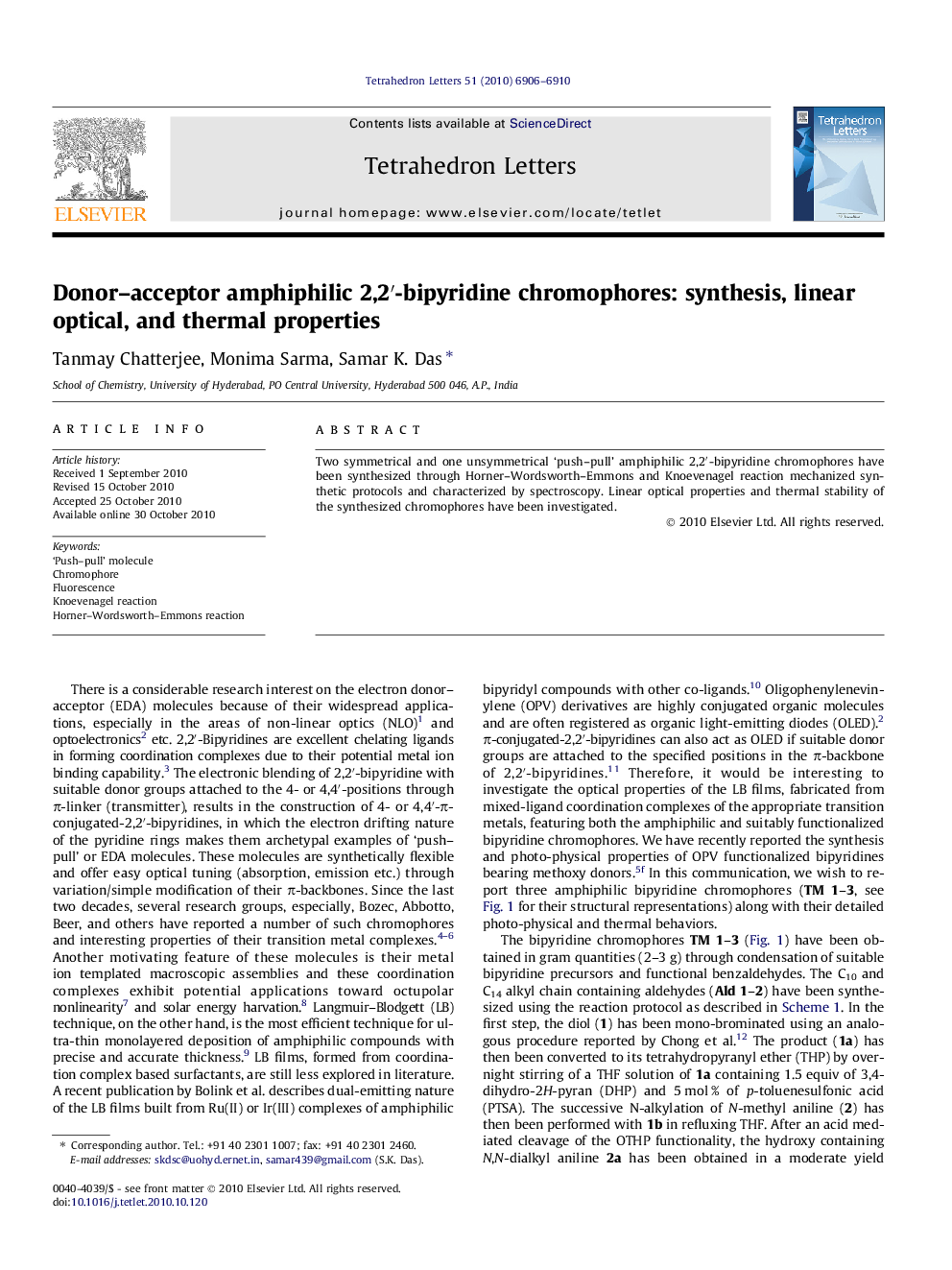 Donor-acceptor amphiphilic 2,2â²-bipyridine chromophores: synthesis, linear optical, and thermal properties