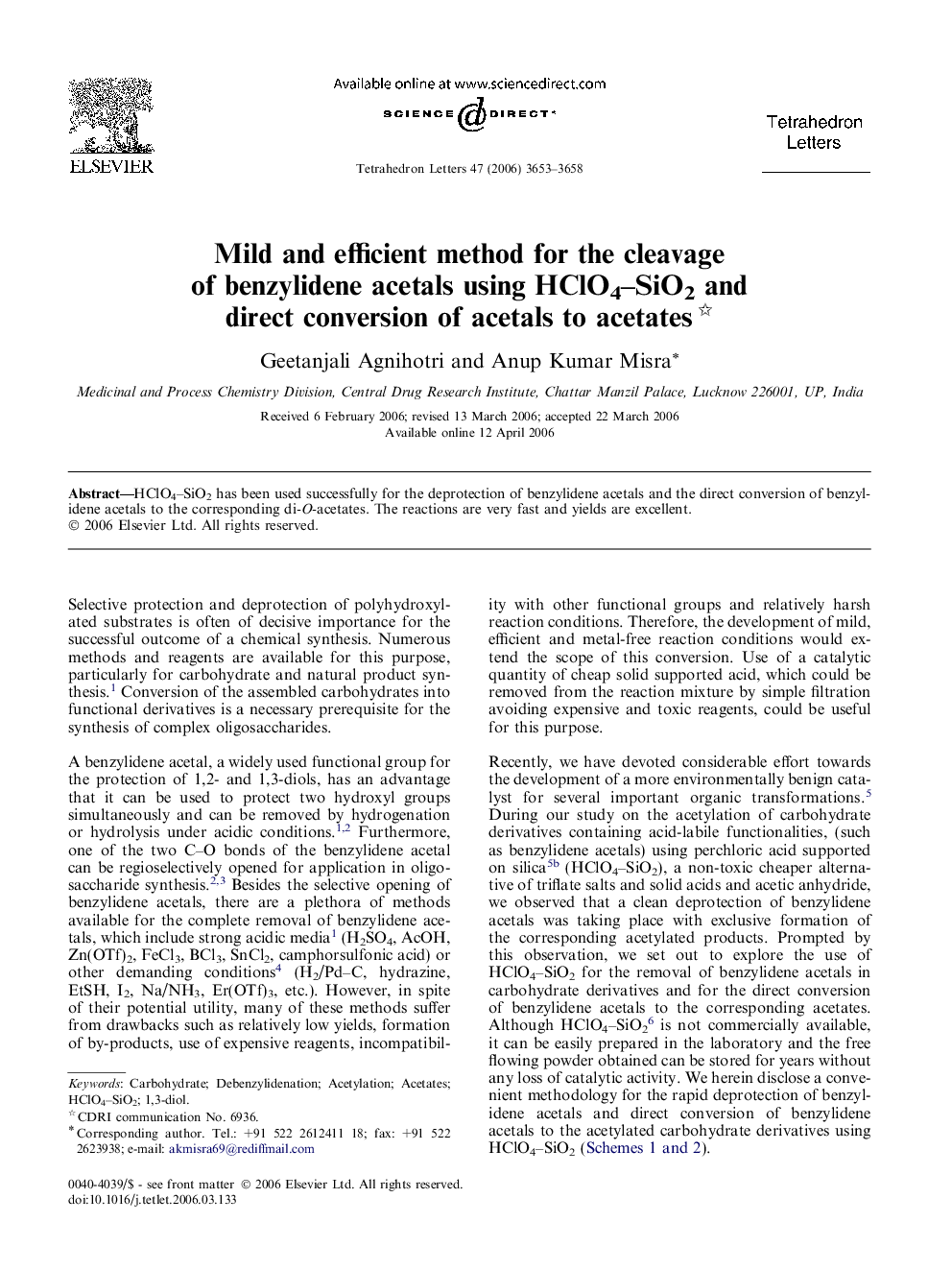 Mild and efficient method for the cleavage of benzylidene acetals using HClO4-SiO2 and direct conversion of acetals to acetates