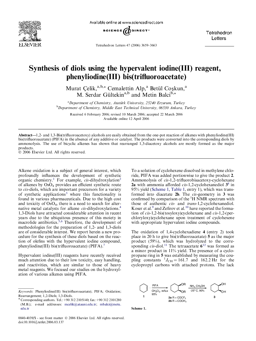 Synthesis of diols using the hypervalent iodine(III) reagent, phenyliodine(III) bis(trifluoroacetate)