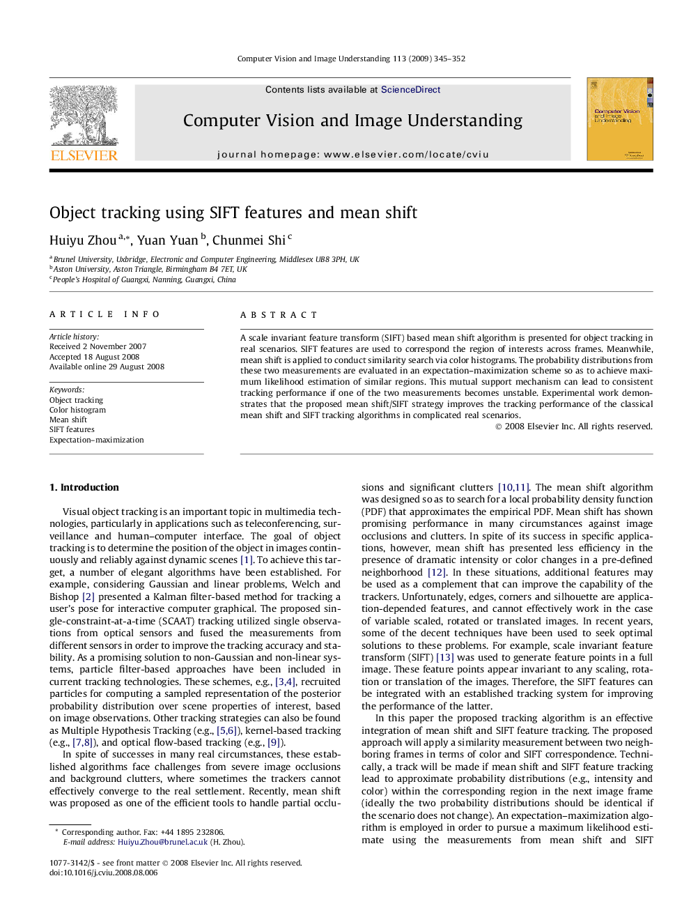 Object tracking using SIFT features and mean shift