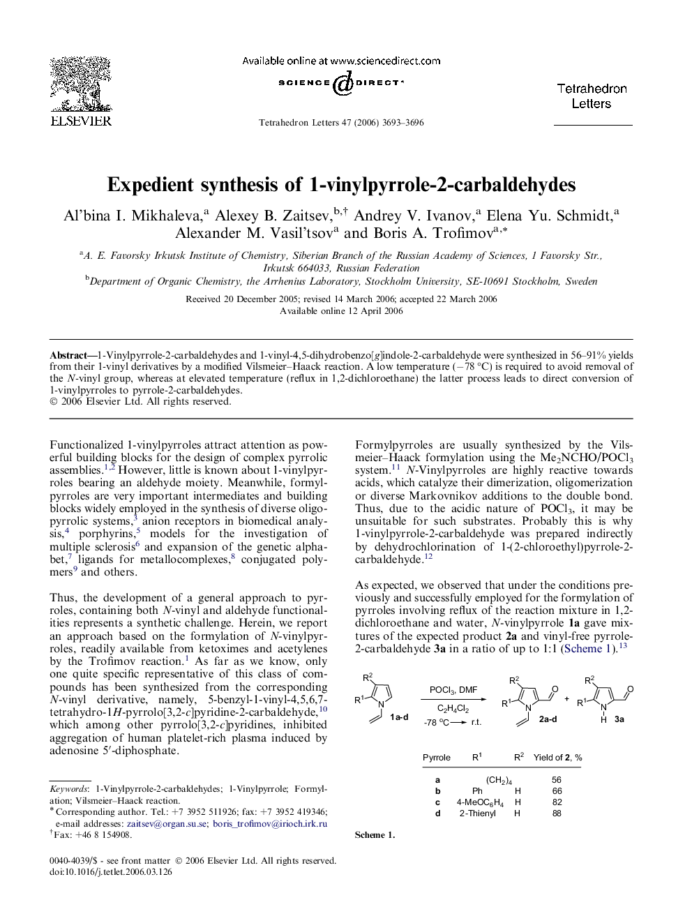 Expedient synthesis of 1-vinylpyrrole-2-carbaldehydes