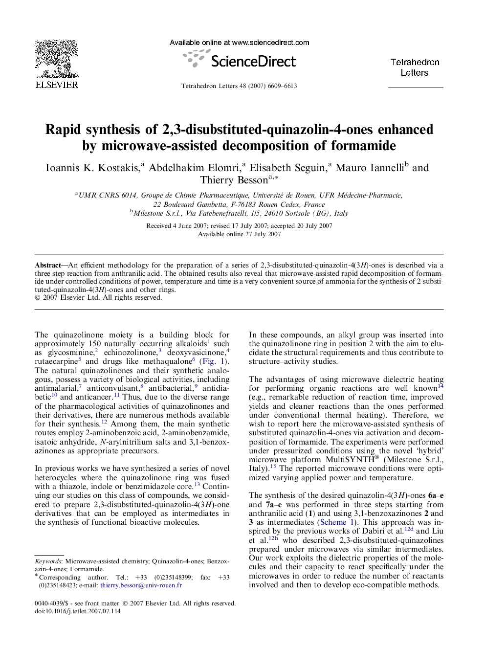 Rapid synthesis of 2,3-disubstituted-quinazolin-4-ones enhanced by microwave-assisted decomposition of formamide