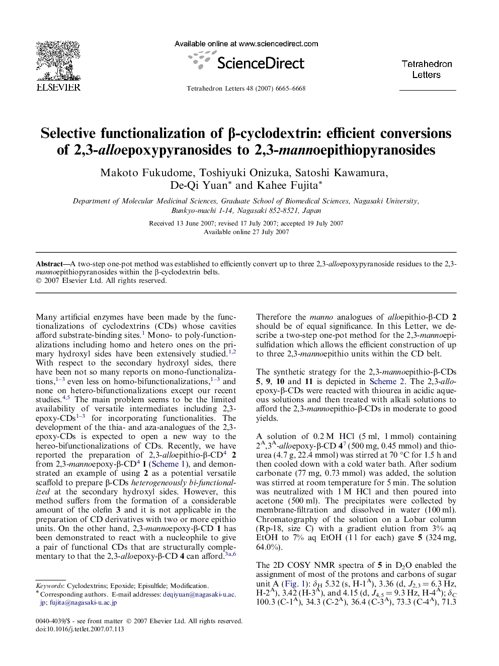 Selective functionalization of Î²-cyclodextrin: efficient conversions of 2,3-alloepoxypyranosides to 2,3-mannoepithiopyranosides