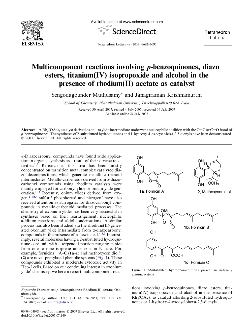 Multicomponent reactions involving p-benzoquinones, diazo esters, titanium(IV) isopropoxide and alcohol in the presence of rhodium(II) acetate as catalyst