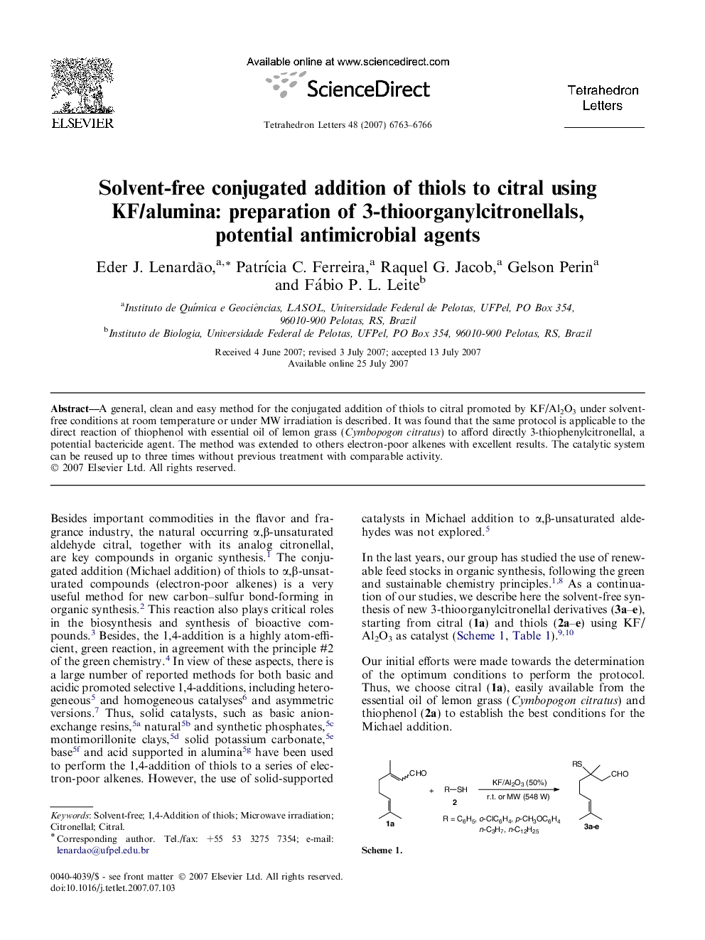 Solvent-free conjugated addition of thiols to citral using KF/alumina: preparation of 3-thioorganylcitronellals, potential antimicrobial agents