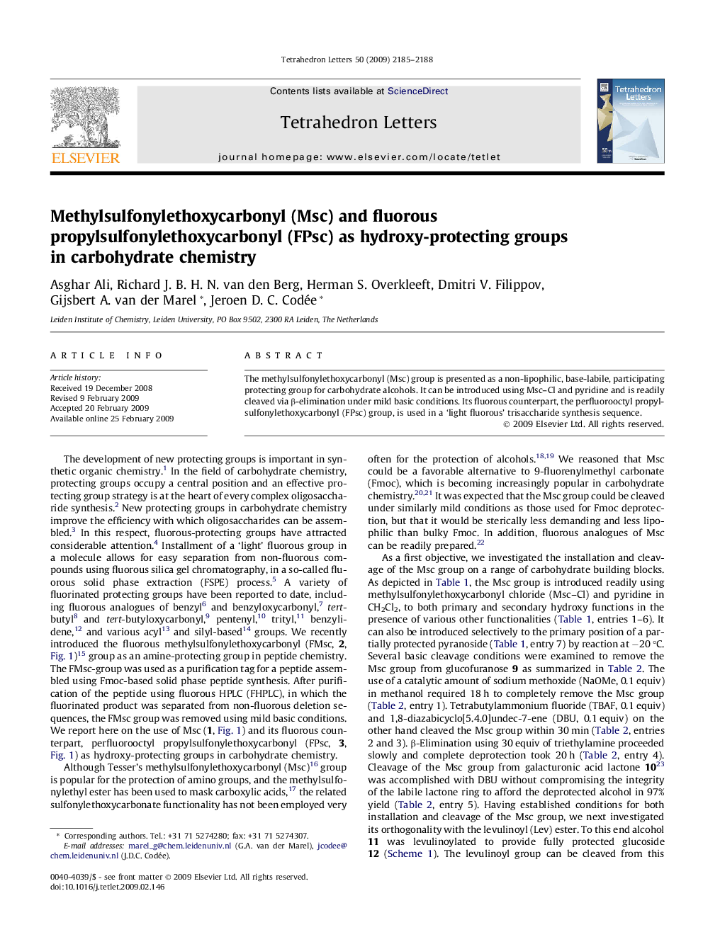 عکس صفحه اول مقاله: Methylsulfonylethoxycarbonyl (Msc) and fluorous propylsulfonylethoxycarbonyl (FPsc) as hydroxy-protecting groups in carbohydrate chemistry Methylsulfonylethoxycarbonyl (Msc) and fluorous propylsulfonylethoxycarbonyl (FPsc) as hydroxy-protecting groups in carbohydrate chemistry