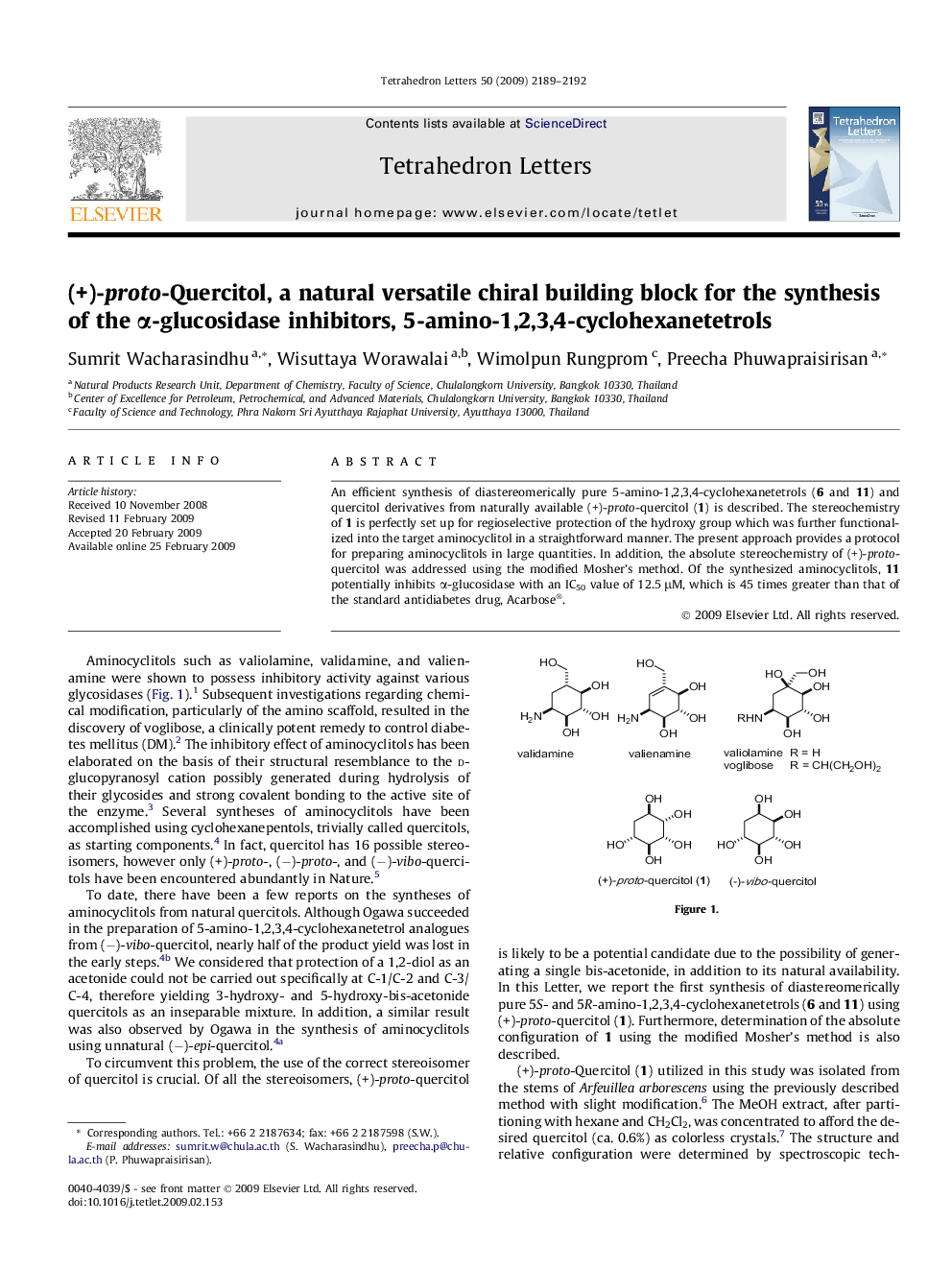 (+)-proto-Quercitol, a natural versatile chiral building block for the synthesis of the Î±-glucosidase inhibitors, 5-amino-1,2,3,4-cyclohexanetetrols