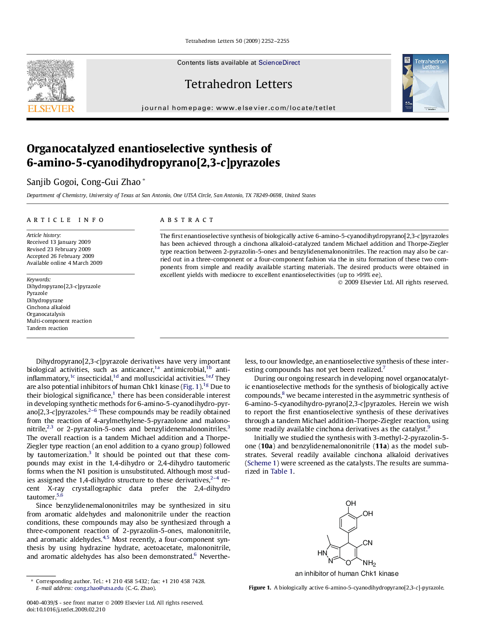 Organocatalyzed enantioselective synthesis of 6-amino-5-cyanodihydropyrano[2,3-c]pyrazoles