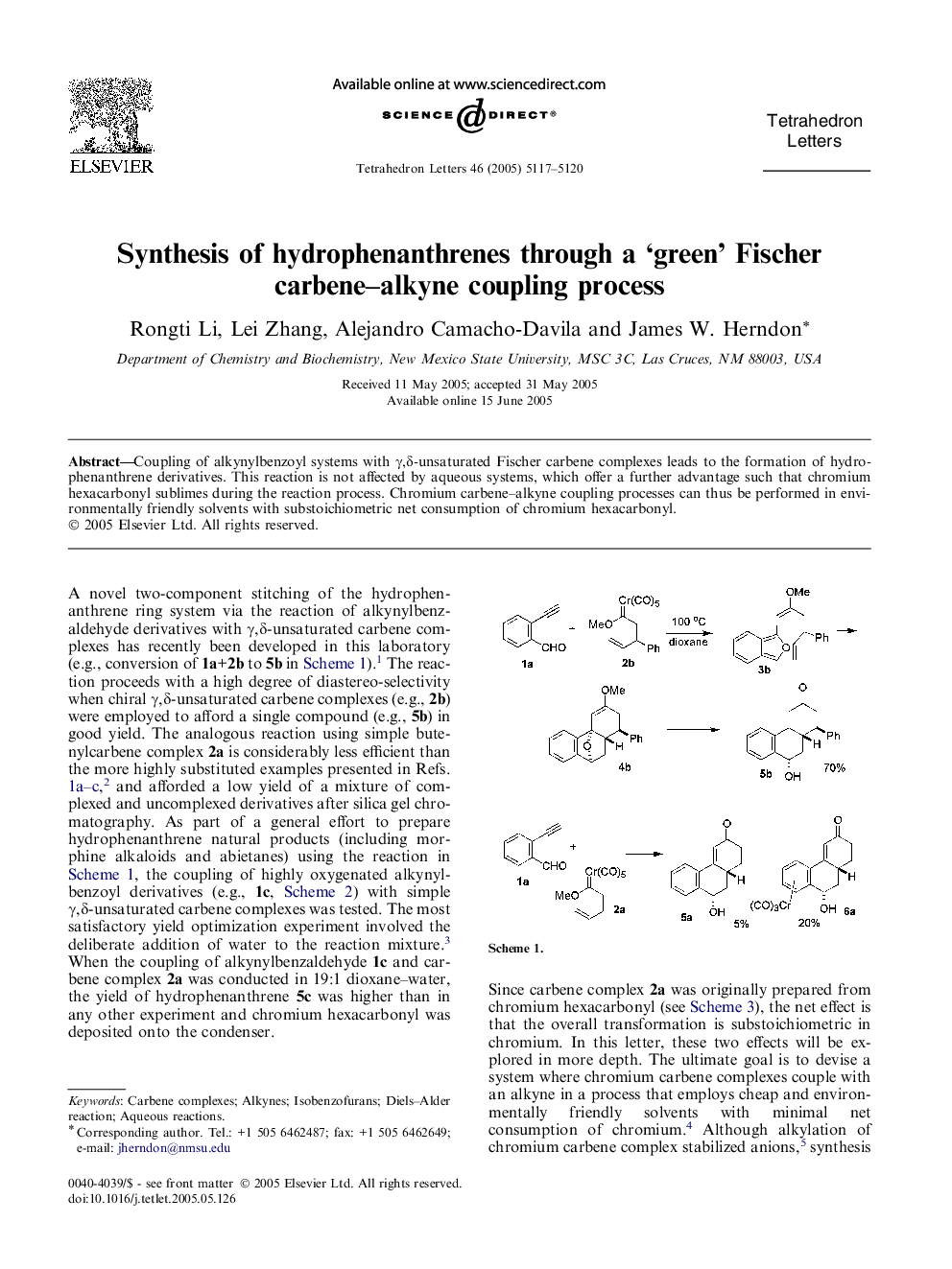 Synthesis of hydrophenanthrenes through a 'green' Fischer carbene-alkyne coupling process