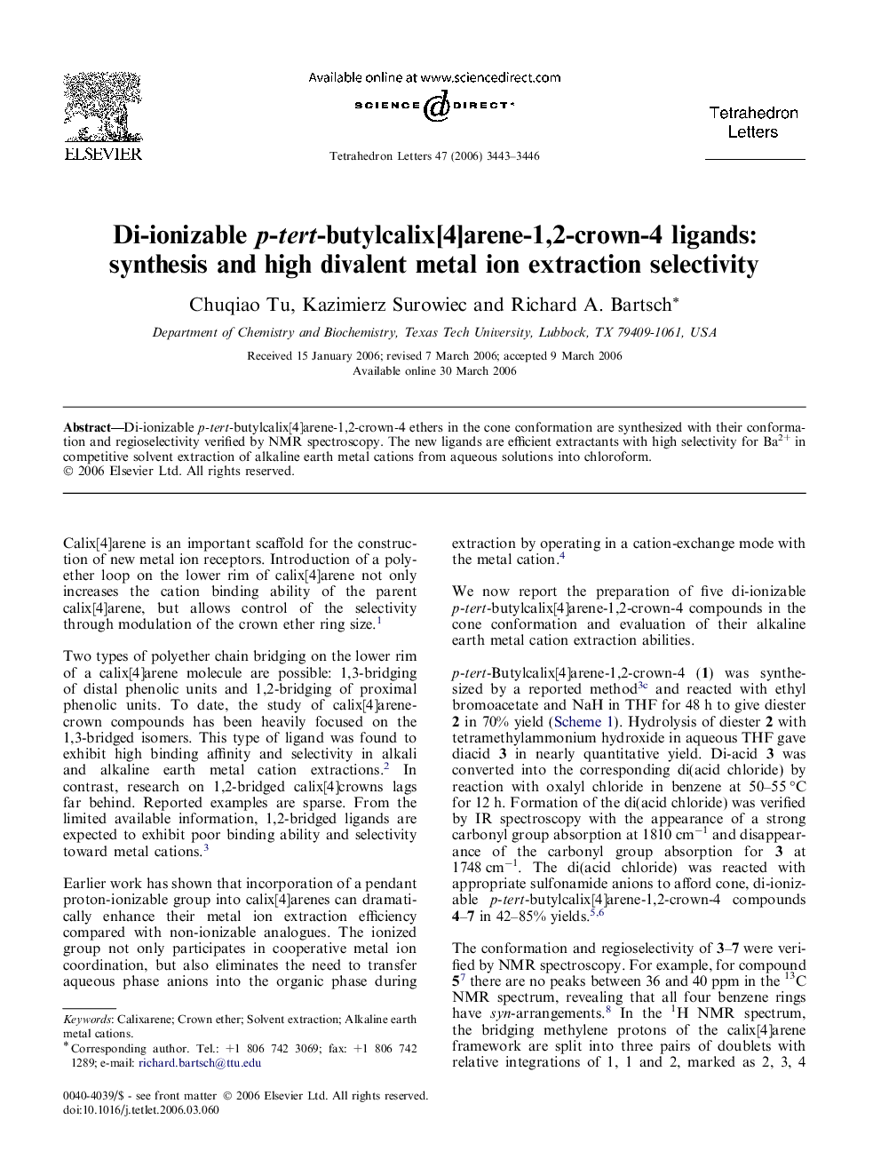 Di-ionizable p-tert-butylcalix[4]arene-1,2-crown-4 ligands: synthesis and high divalent metal ion extraction selectivity