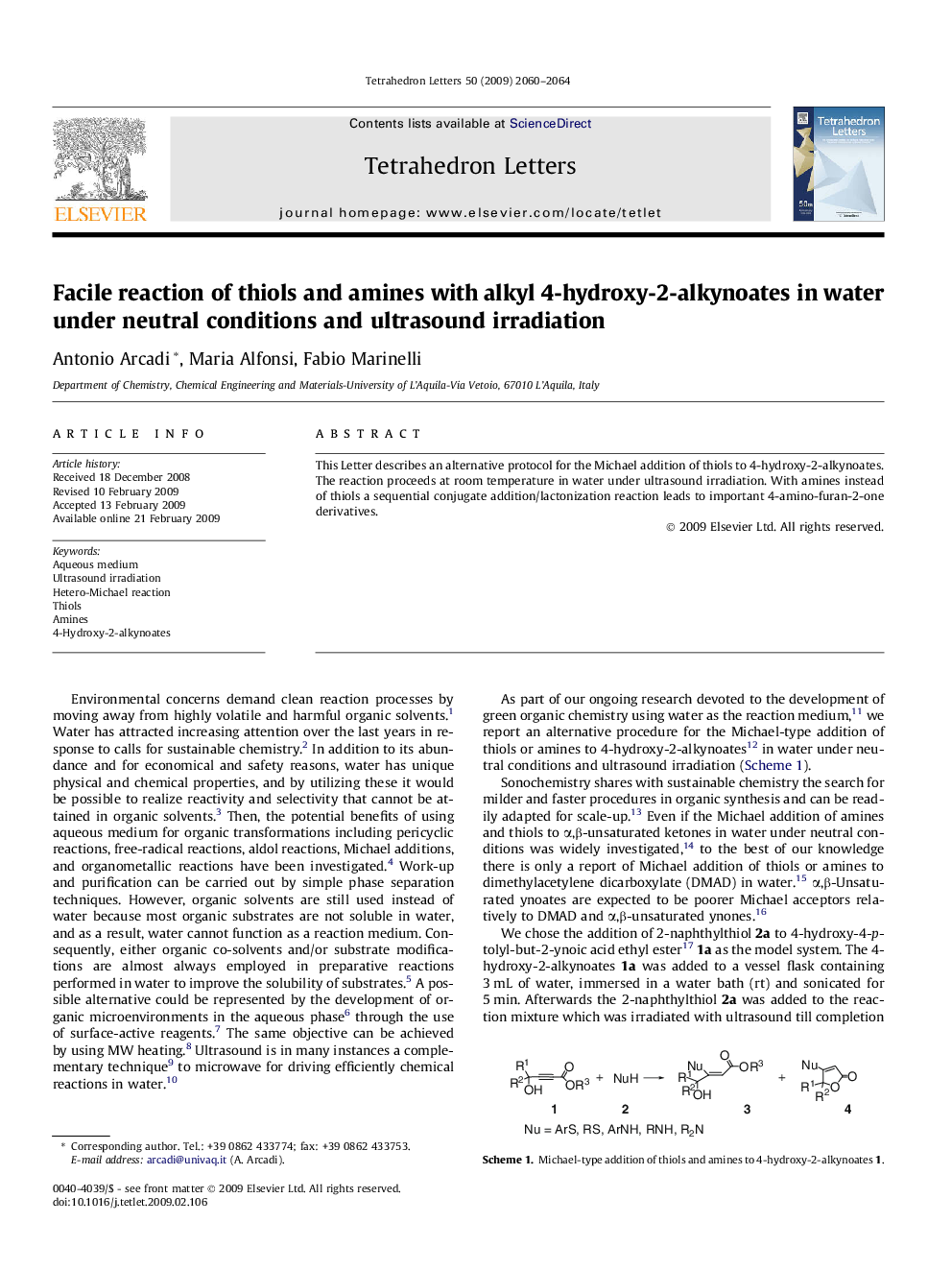 Facile reaction of thiols and amines with alkyl 4-hydroxy-2-alkynoates in water under neutral conditions and ultrasound irradiation